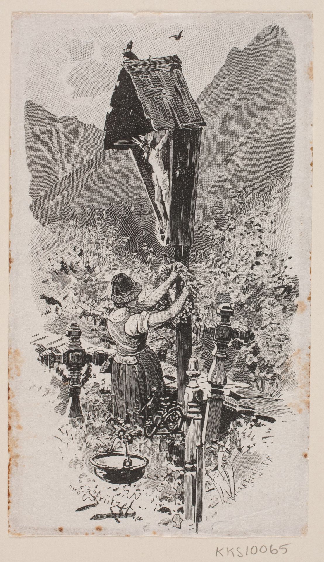 Kirkegård i bjergene. En ung pige ved et krusifix by Louis Sørensen