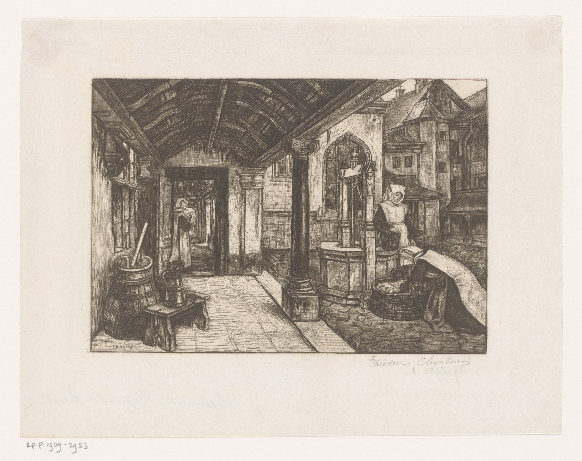 Kloostergang van het hospitaal te Lier met zusters bij een put by Théodore Joseph Cleynhens