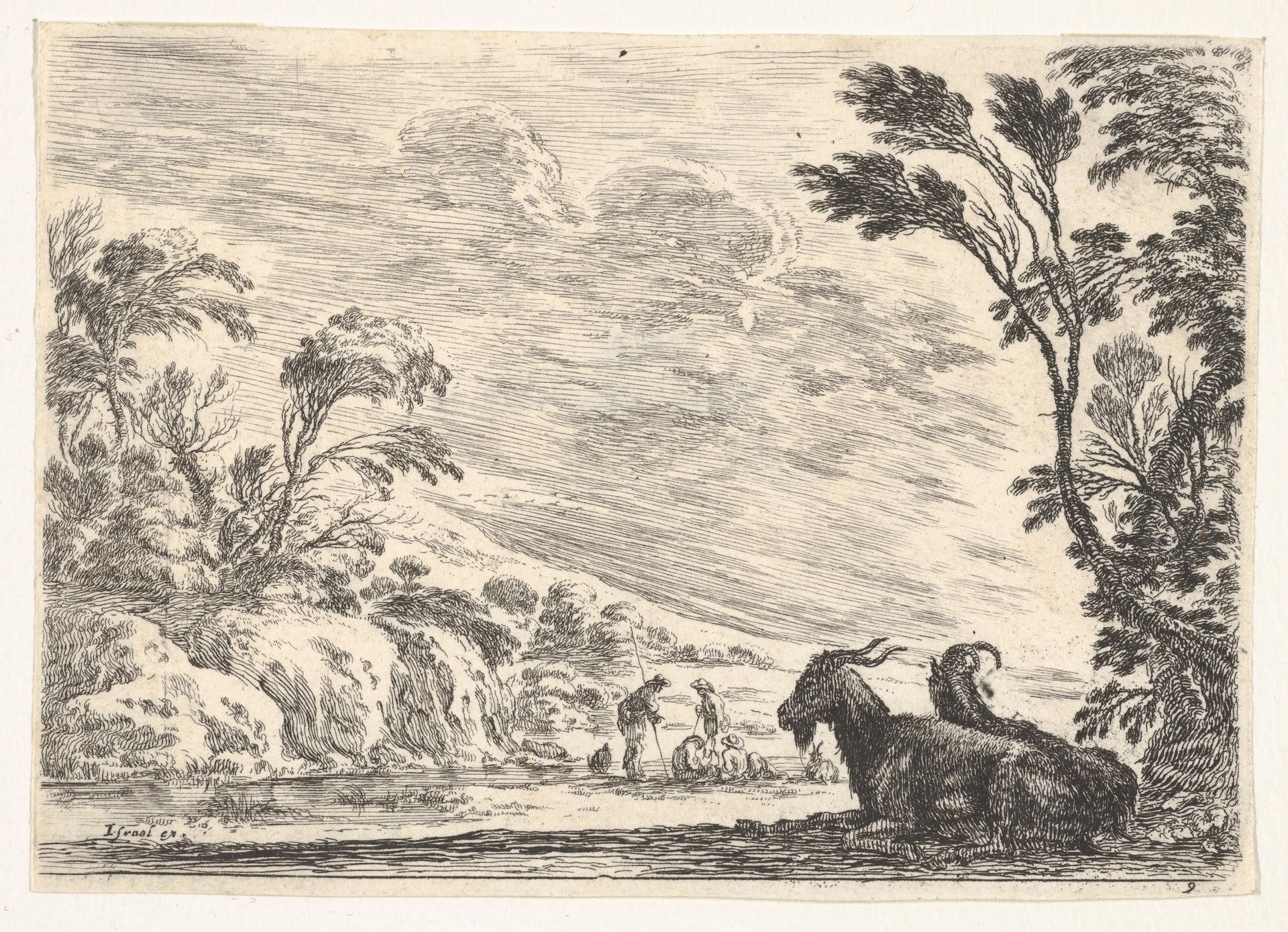 Plate 9: Two goats resting to right, turned towards the left, four men and a horse in a river in the background, from 'Various Figures' (Agréable diversité de figures) by Stefano della Bella