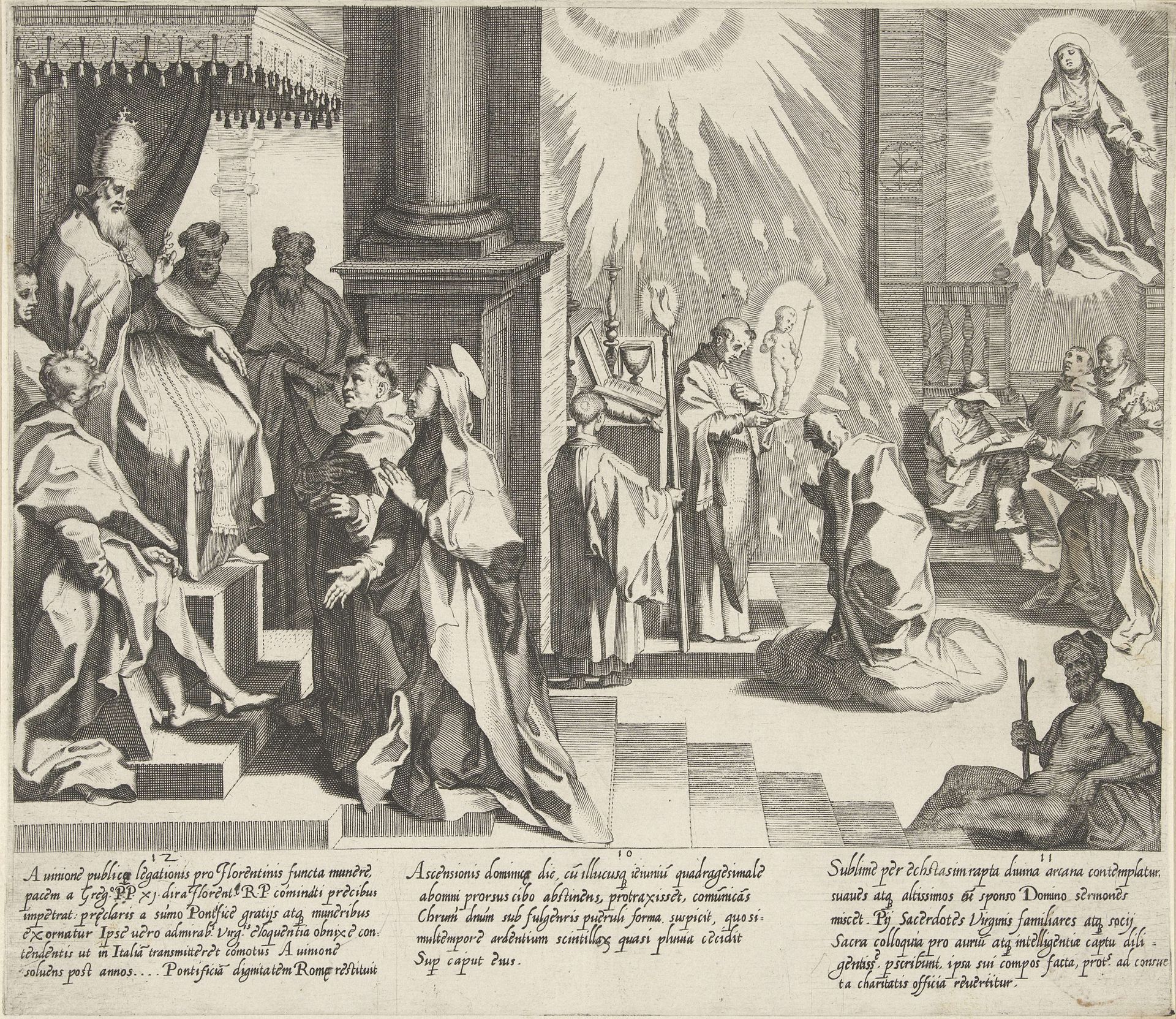 Catharina vraagt paus Gregorius XI om terug te keren naar Rome / Christus verschijnt aan Catharina / Catharina verschijnt aan geleerden by Pieter de Jode I