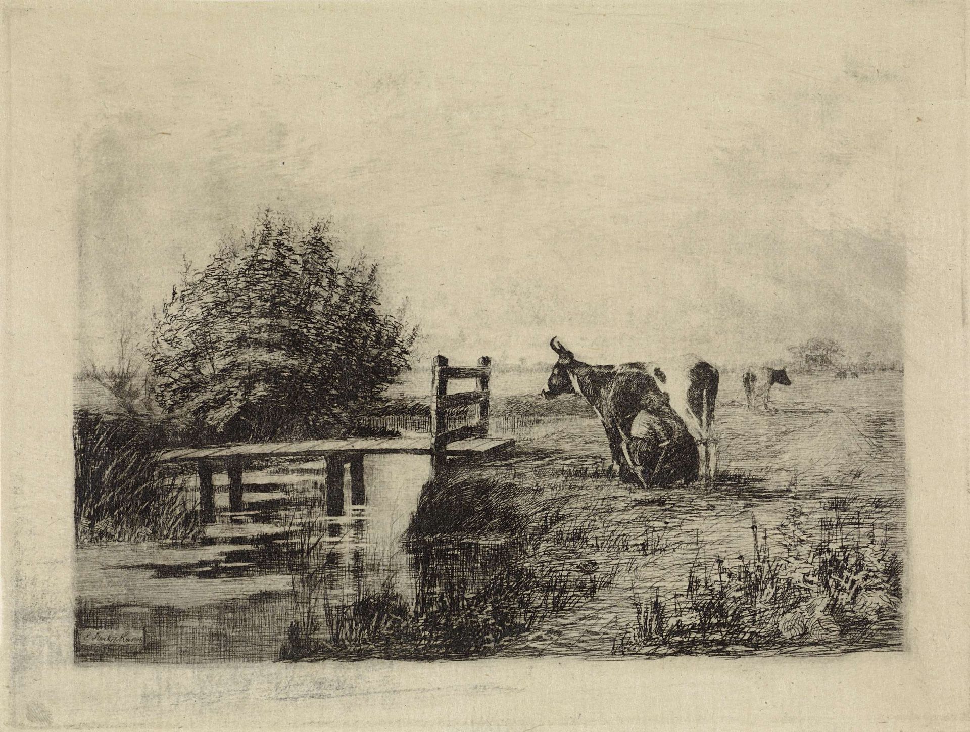 Boerin melkt een koe in een weiland by Elias Stark
