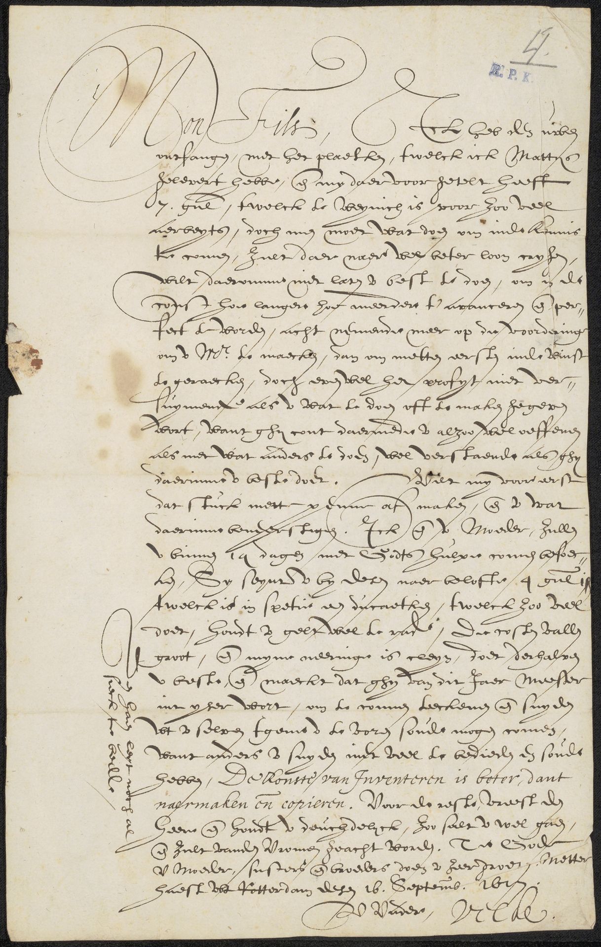 Brief aan Jan van de Velde (II) by Jan van de Velde I