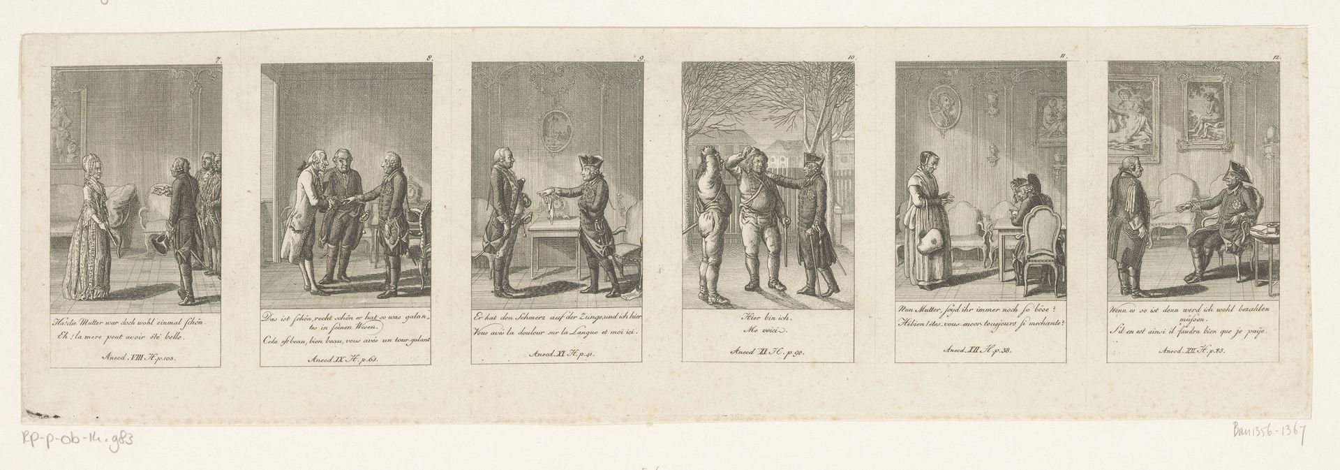 Zes voorstellingen uit de serie anekdotes van Friedrich II by Daniel Nikolaus Chodowiecki