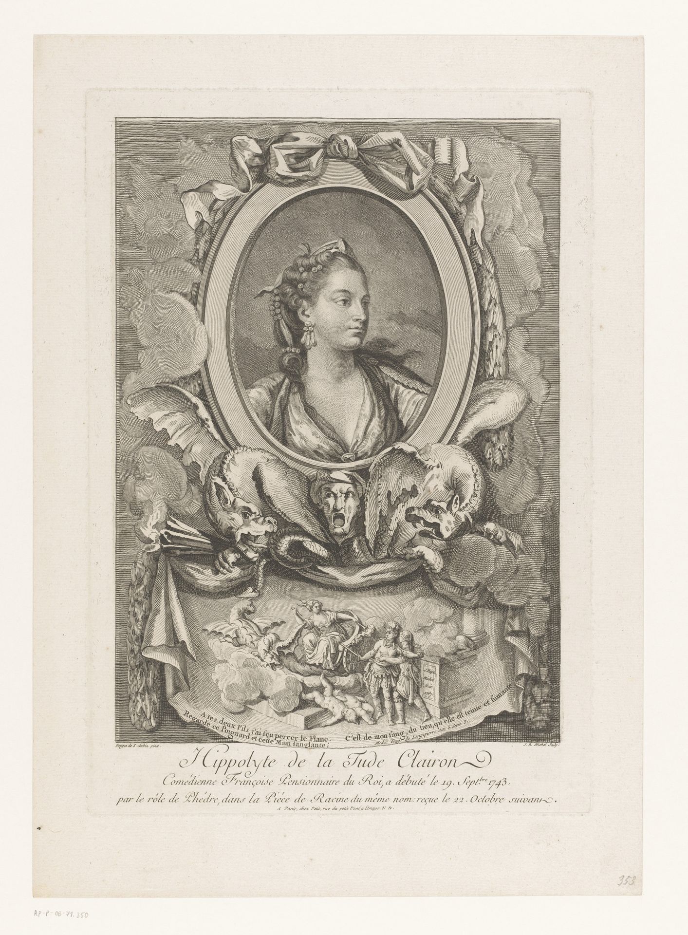 Portret van Claire-Josèphe Léris, of Mademoiselle Clairon by Jean-Baptiste Michel