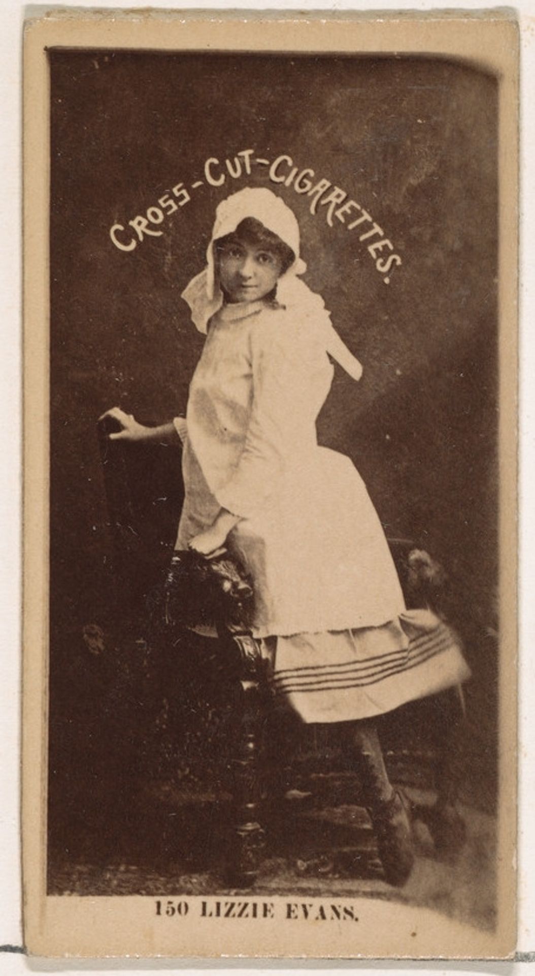 Card Number 150, Lizzie Evans, from the Actors and Actresses series (N145-2) issued by Duke Sons & Co. to promote Cross Cut Cigarettes by W. Duke, Sons & Co.