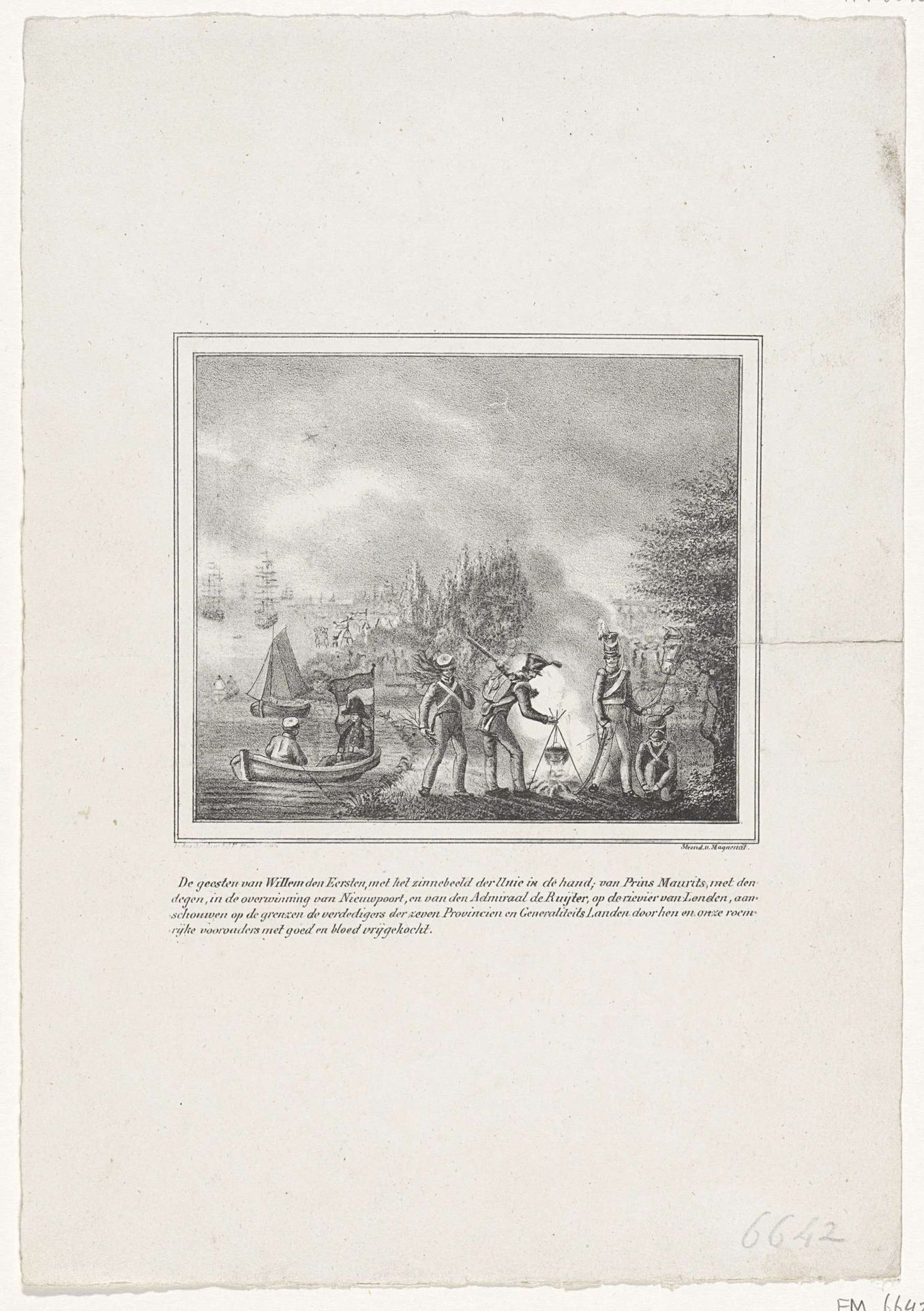 De geesten van Willem van Oranje, prins Maurits en de Michiel de Ruyter aanschouwen op de grenzen de verdedigers van de Zeven Provincien, 1831 by Willem Charles Magnenat