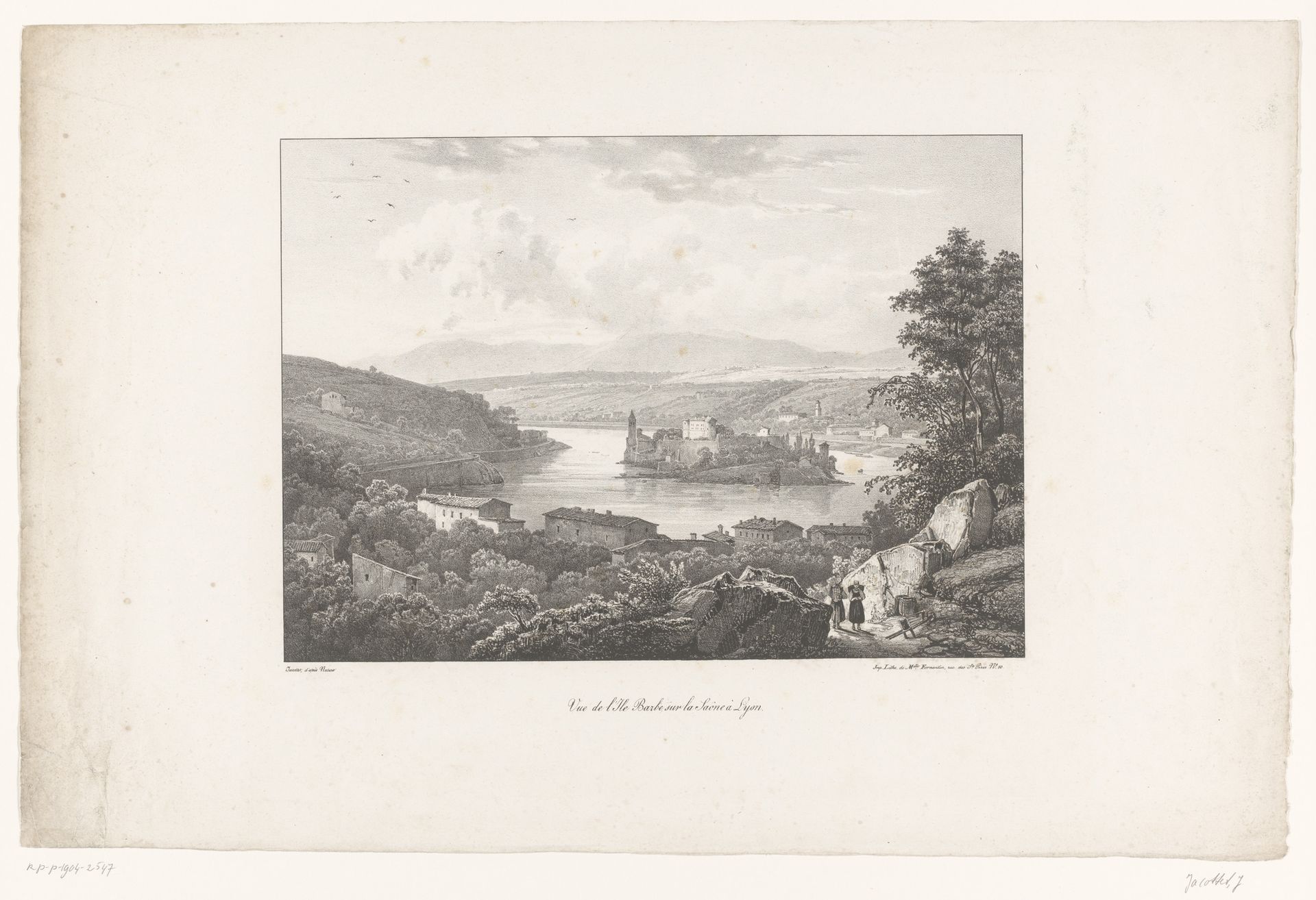 Zicht op het eiland Barbe in de Saône bij Lyon by Louis-Julien Jacottet