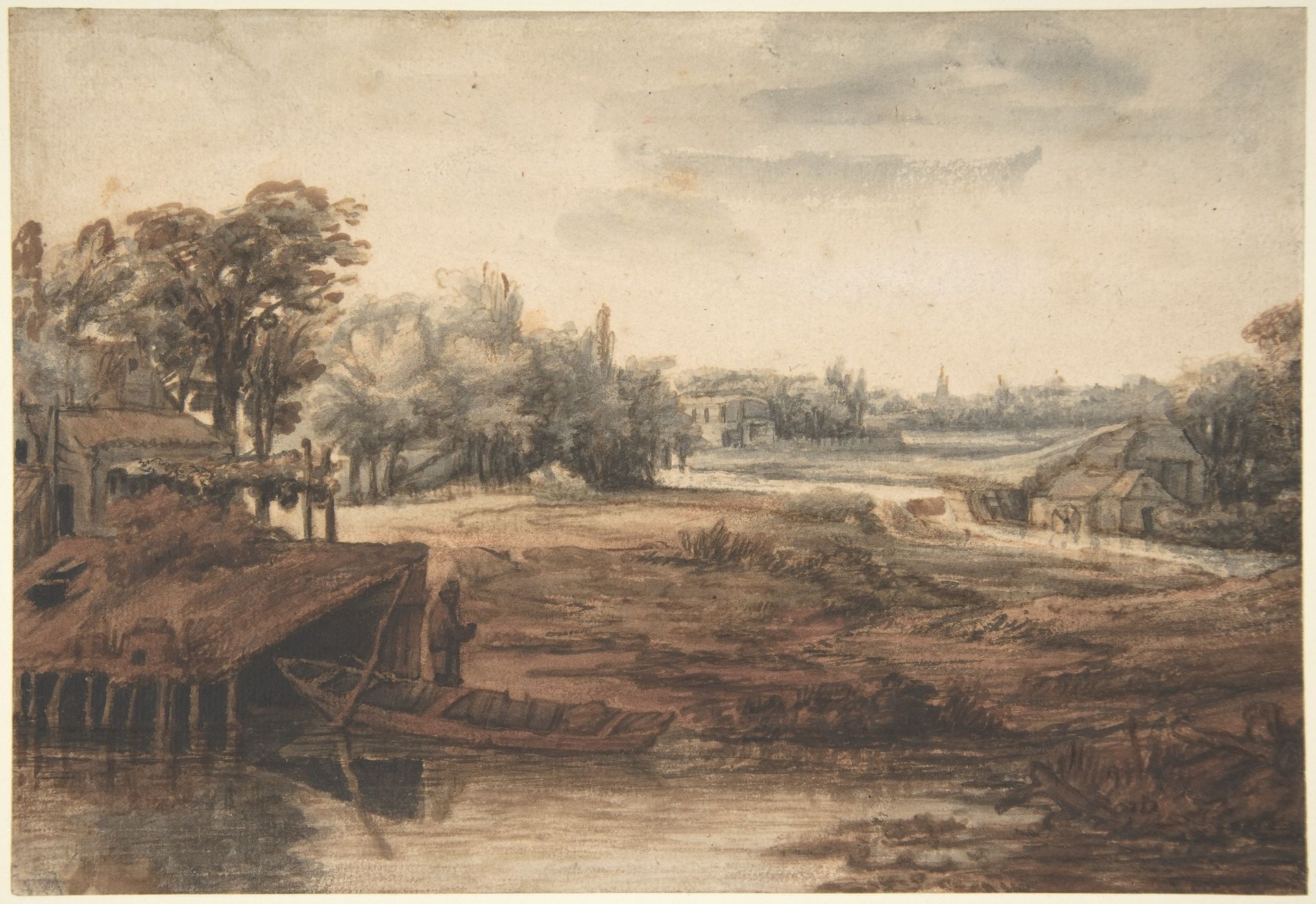 River Landscape with a Man Standing by a Boathouse by Philips Koninck