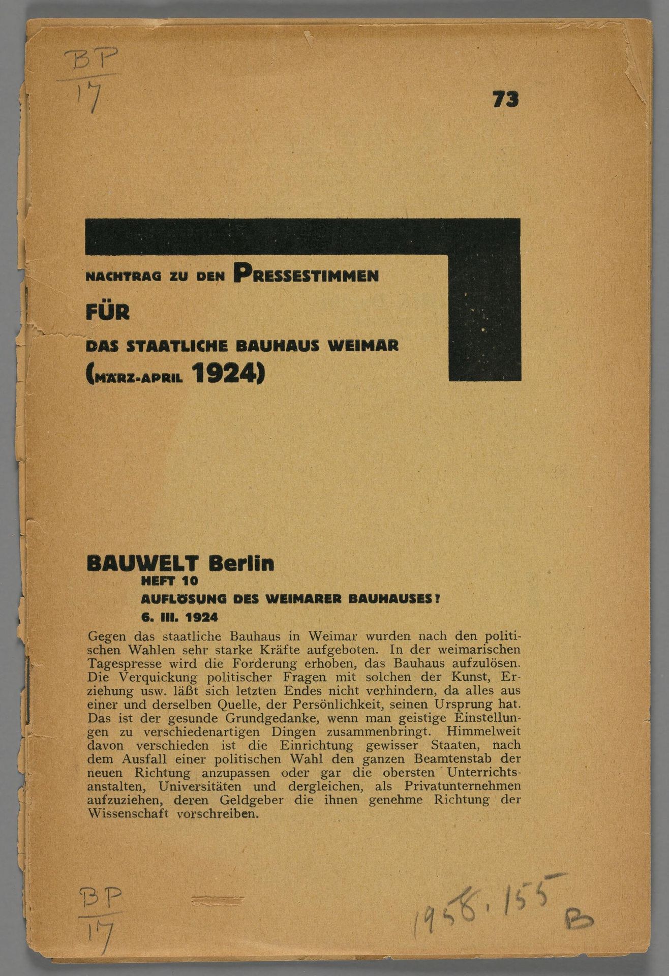 Supplement to Press Commentary on the Staatliche Bauhaus in Weimar (March-April 1924) by Oskar Schlemmer