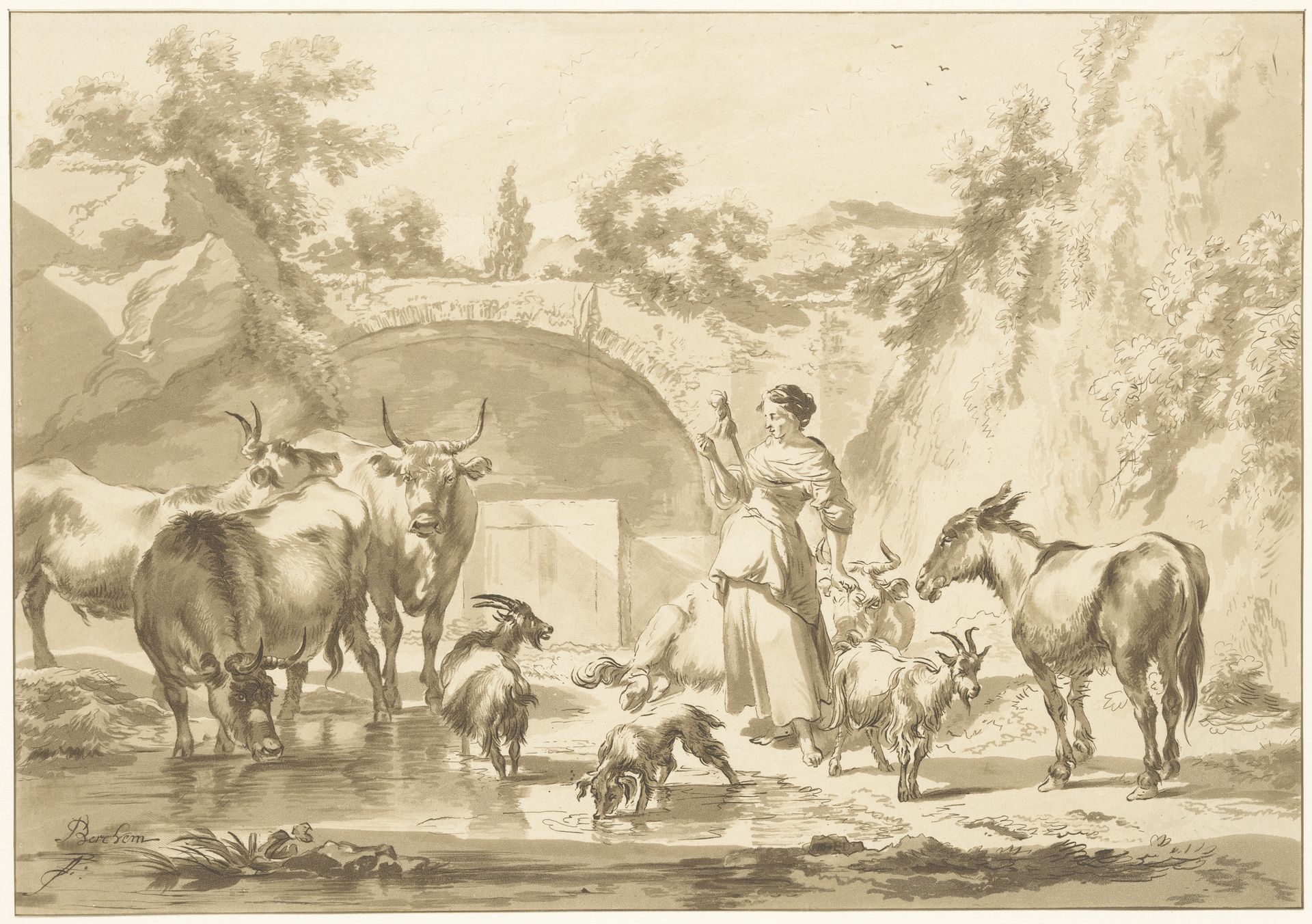 Spinnende herderin met kudde by C. (prentmaker) Dietrich