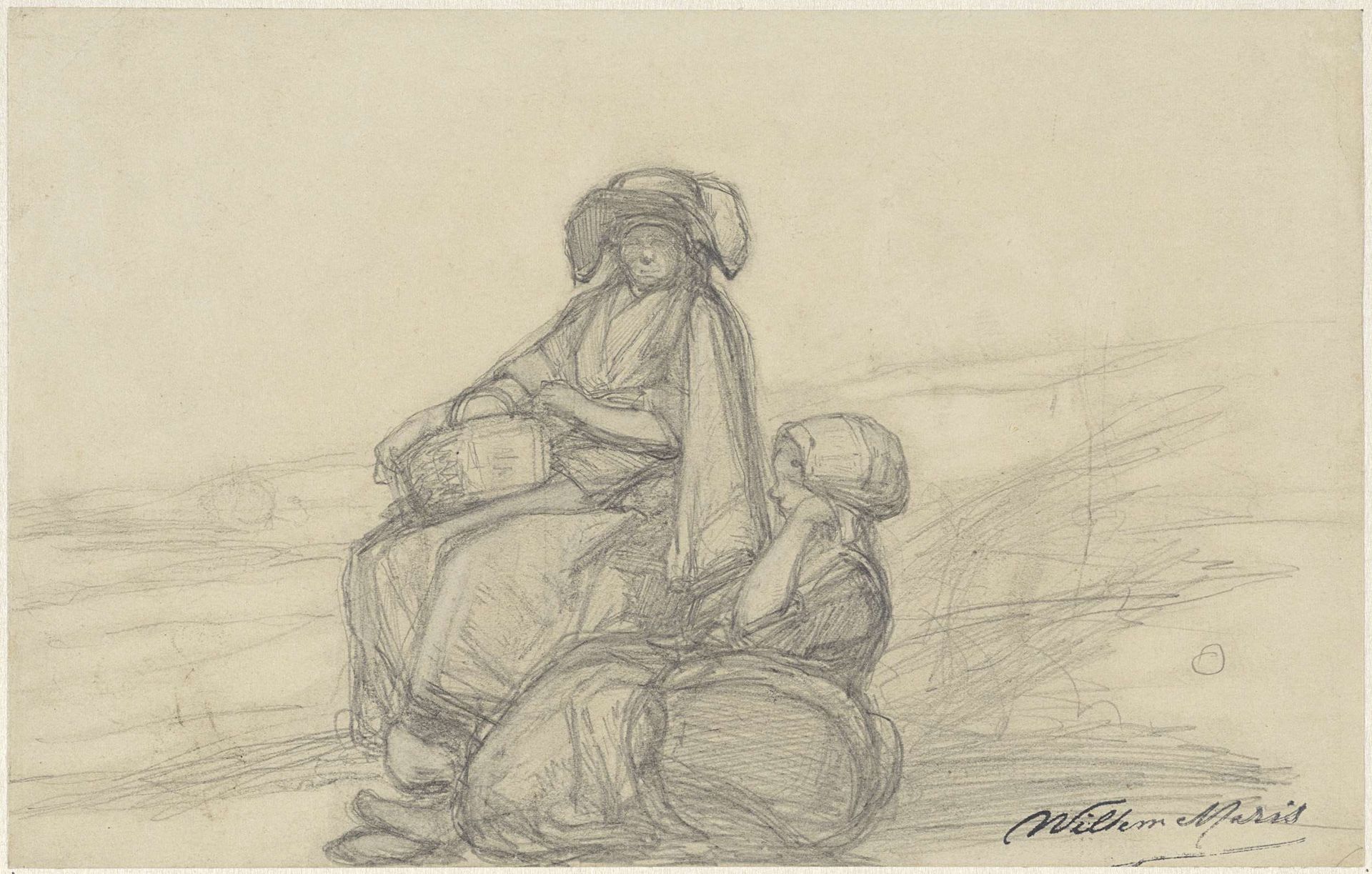 Scheveningse vissersvrouw en meisje gezeten aan het strand by Willem Maris