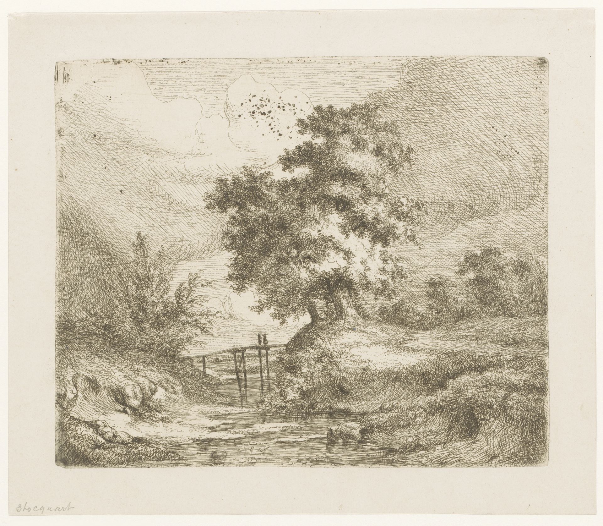 Landschap met houten brug over het water by Ildephonse Stocquart