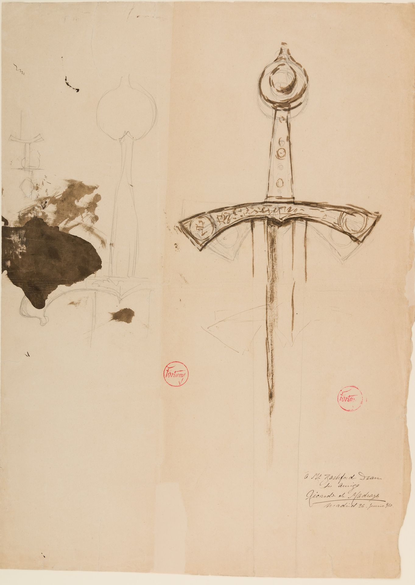 Drawing of Two Medieval Swords by Mariano Fortuny Marsal