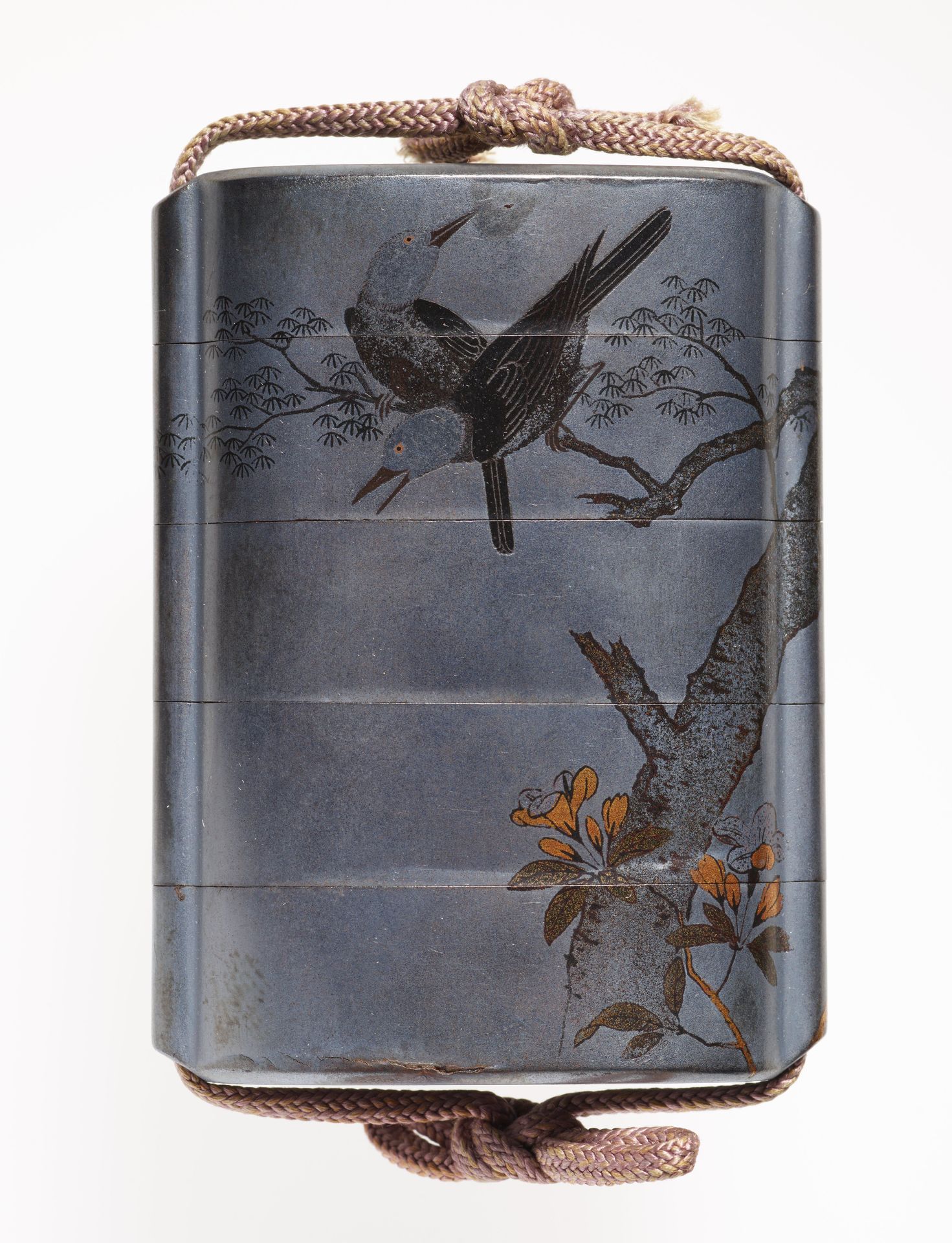 Four-case inro showing two birds seated on branch of tree by Jōkasai VIII