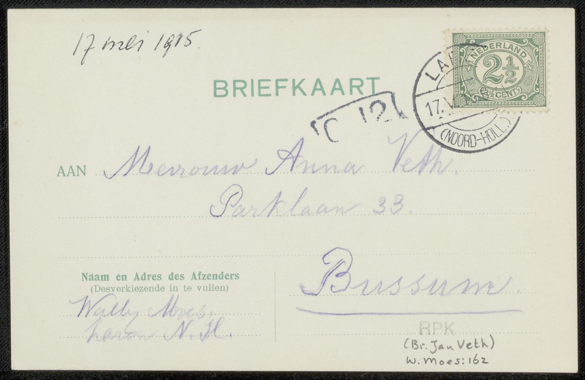 Briefkaart aan Anna Dorothea Dirks by Wally Moes