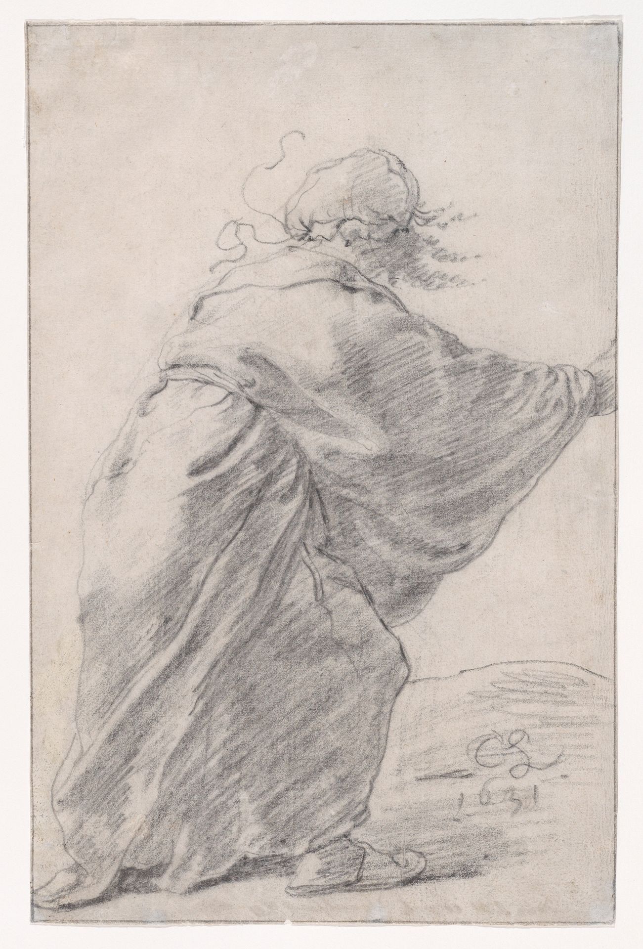 A wild-haired, robed woman rushing to the right, seen from behind by Cornelis Saftleven