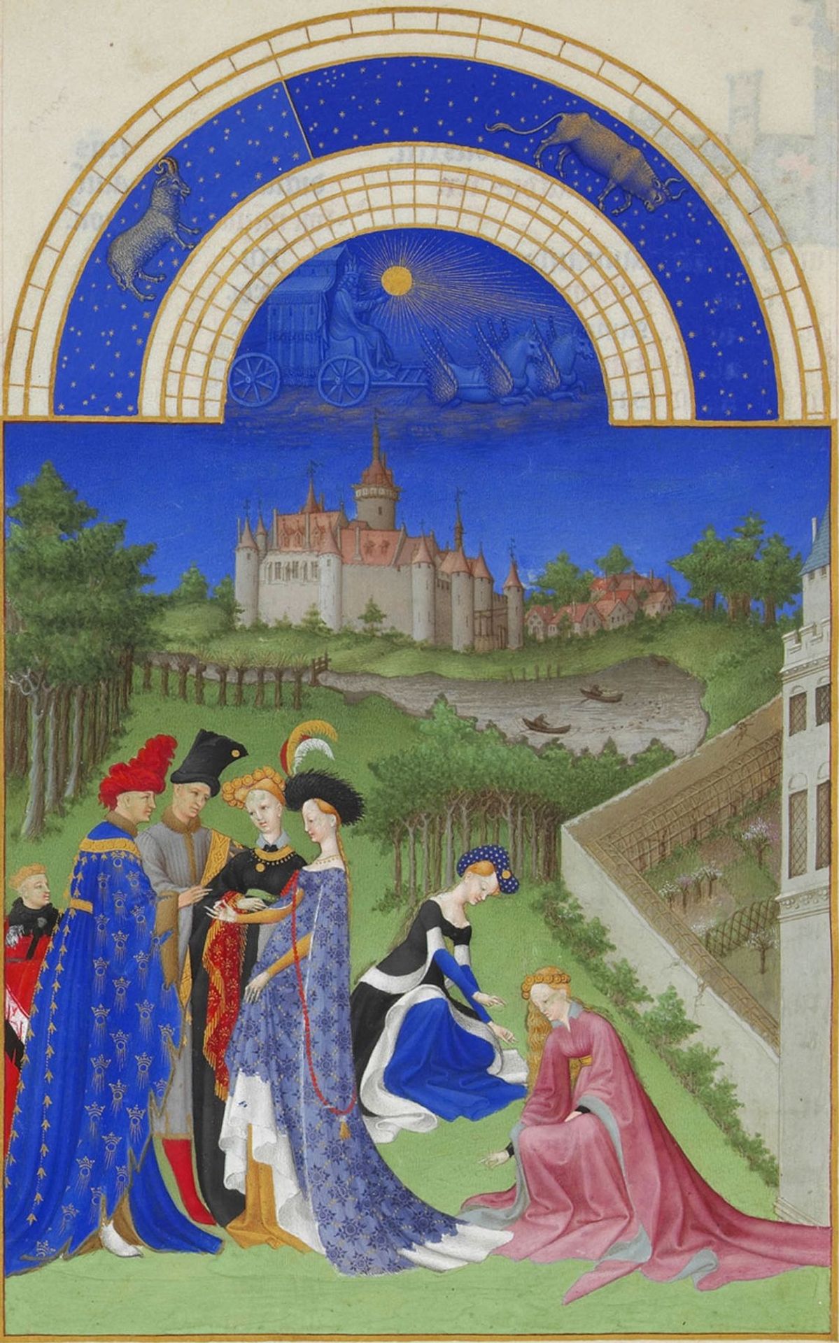 Calendar: April (Courtly Figures in the Castle Grounds) by Limbourg brothers