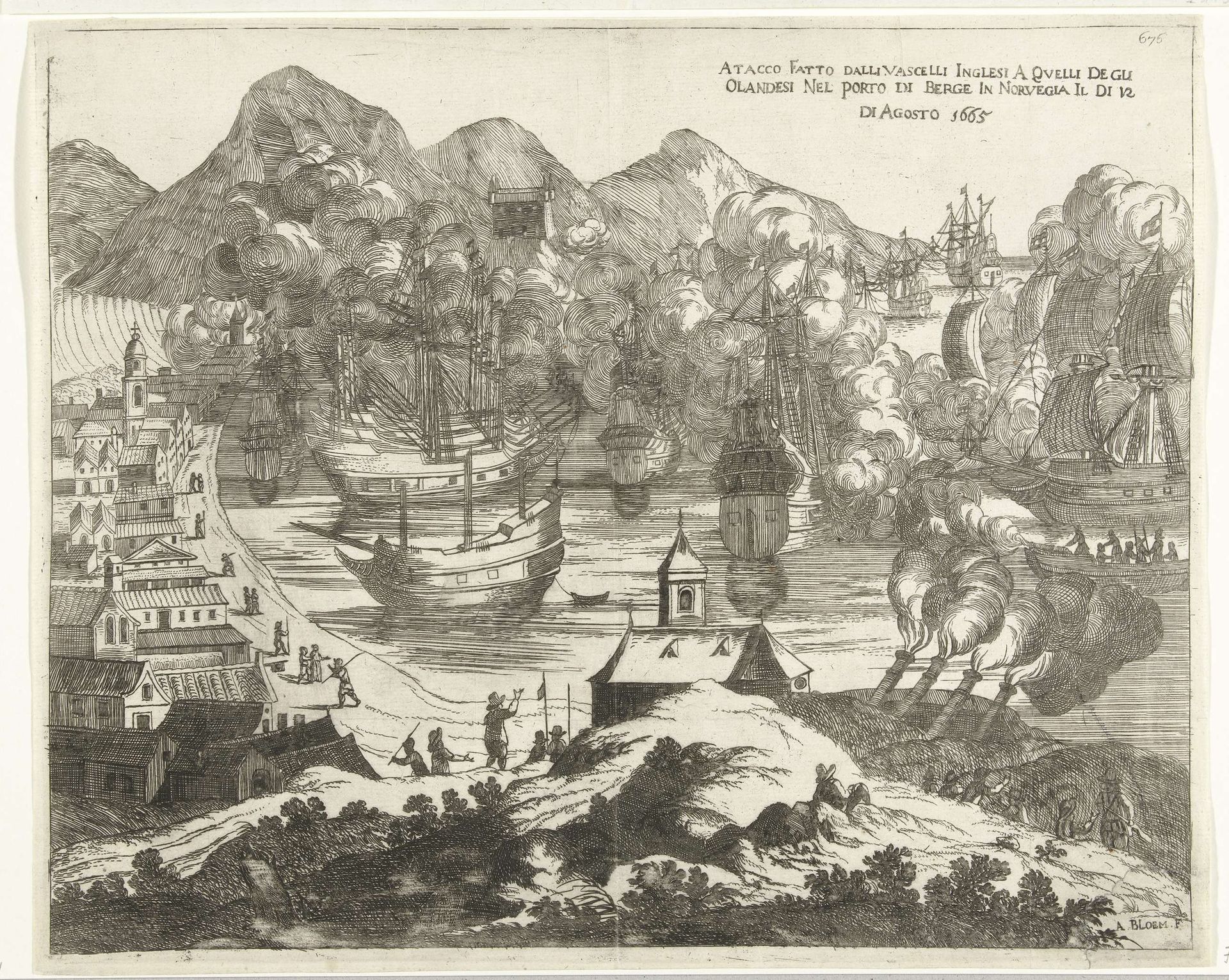 Slag bij Bergen (Noorwegen), 1665 by Arnold Bloem