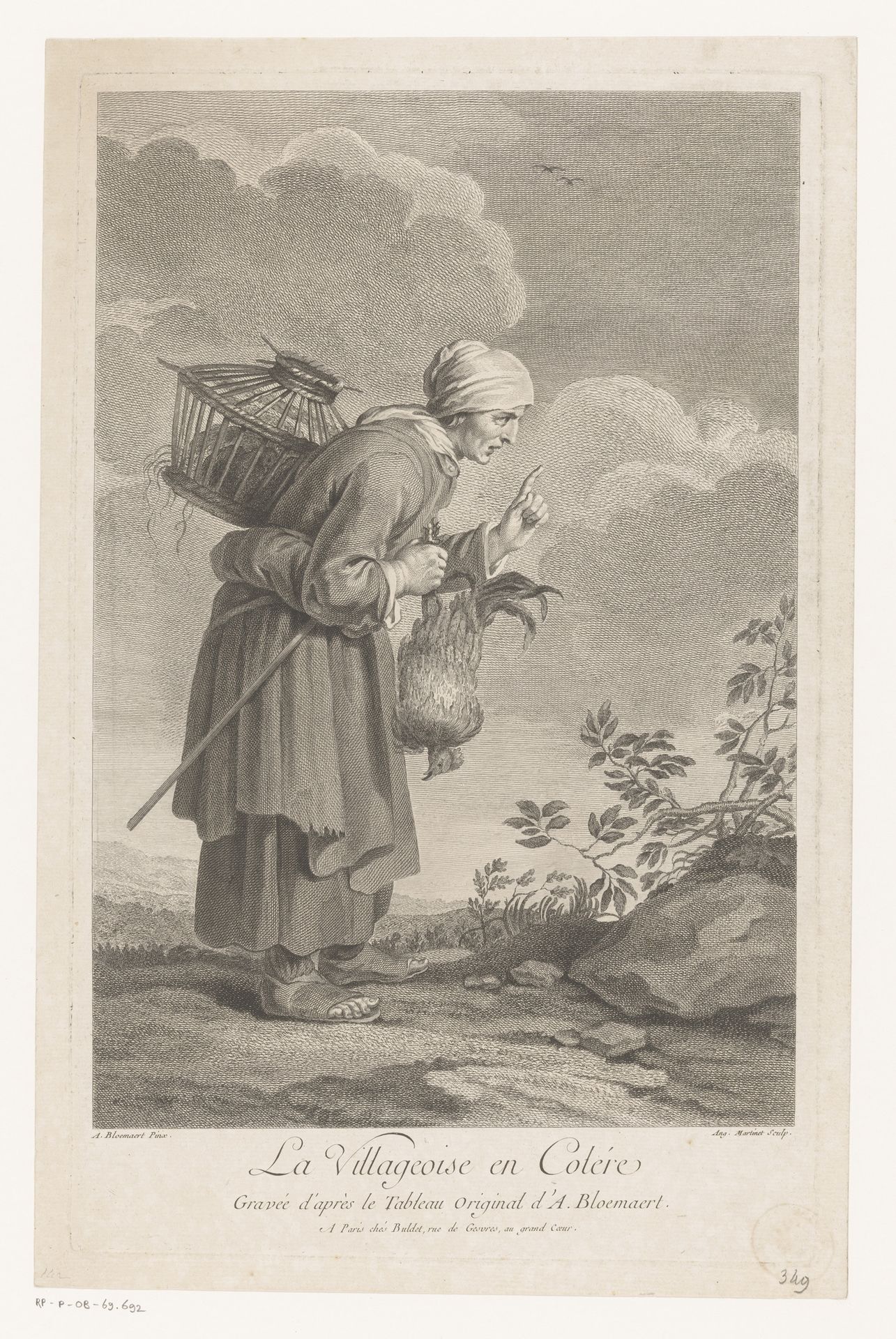 Boerin met gevogelte en opgeheven vinger by L. Angélique Martinet