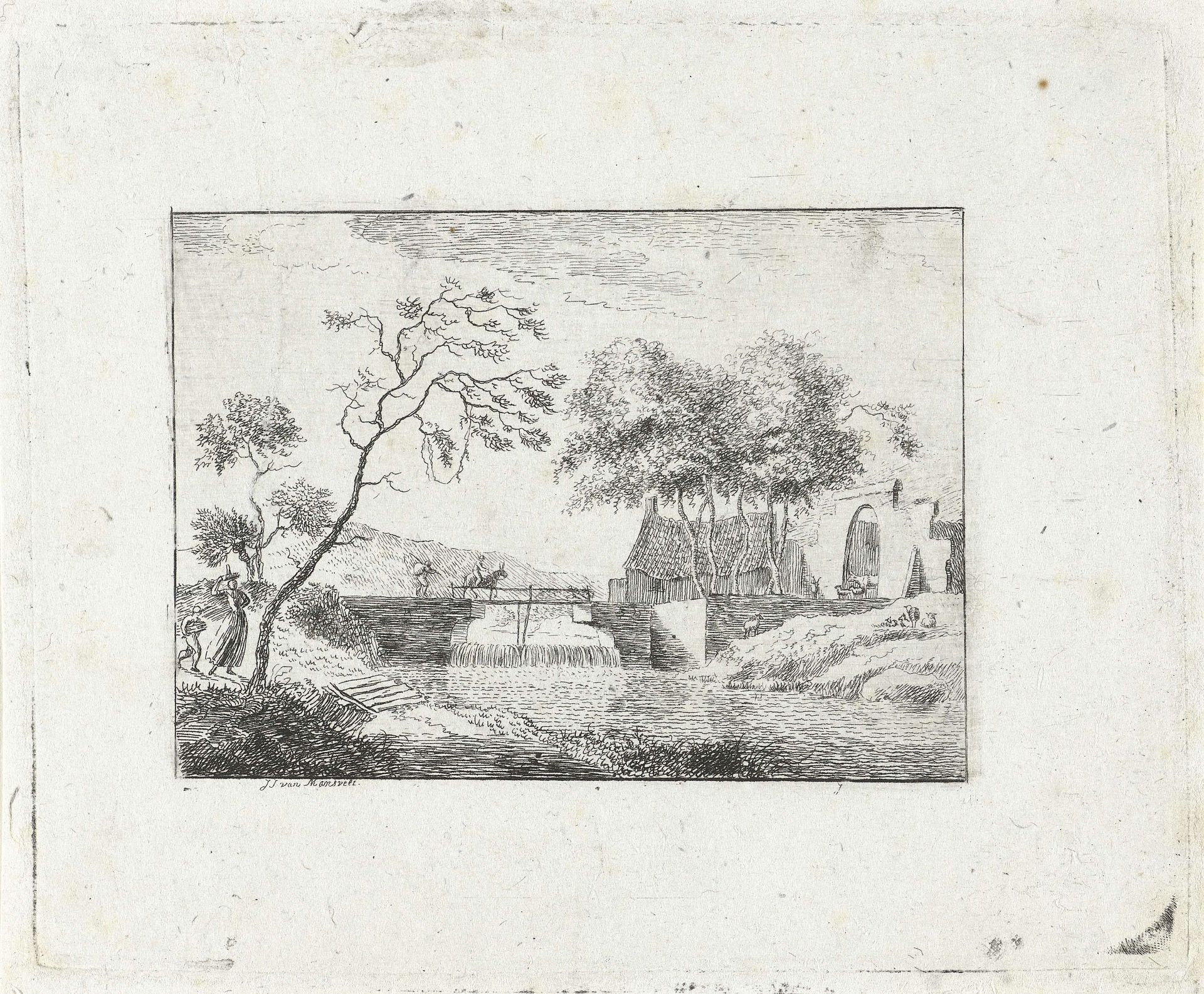 Landschap met brug en boerderij by Jan Izaak van Mansvelt