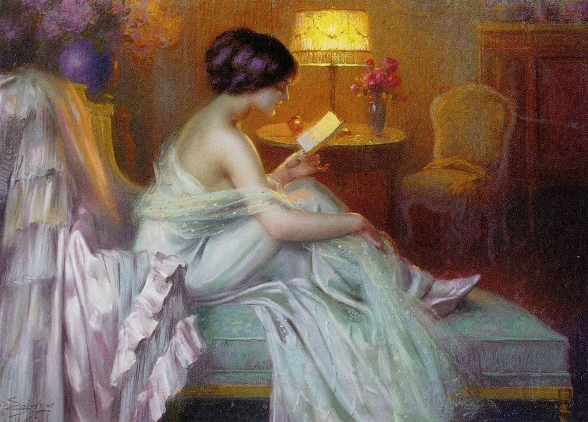 Reading at lamp light by Delphin Enjolras
