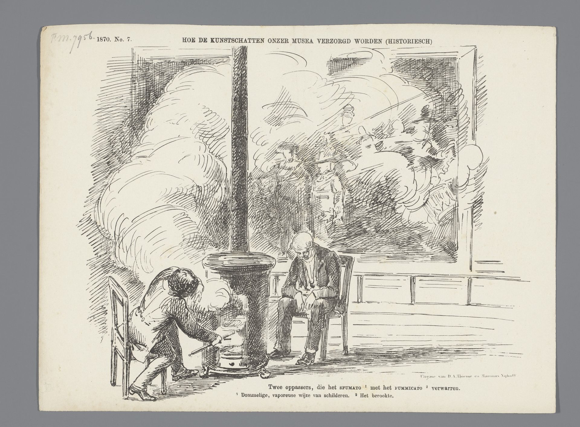 Spotprent op de rokende kachels in de zaal waar de Nachtwacht hangt, 1870 by Johan Michaël Schmidt Crans