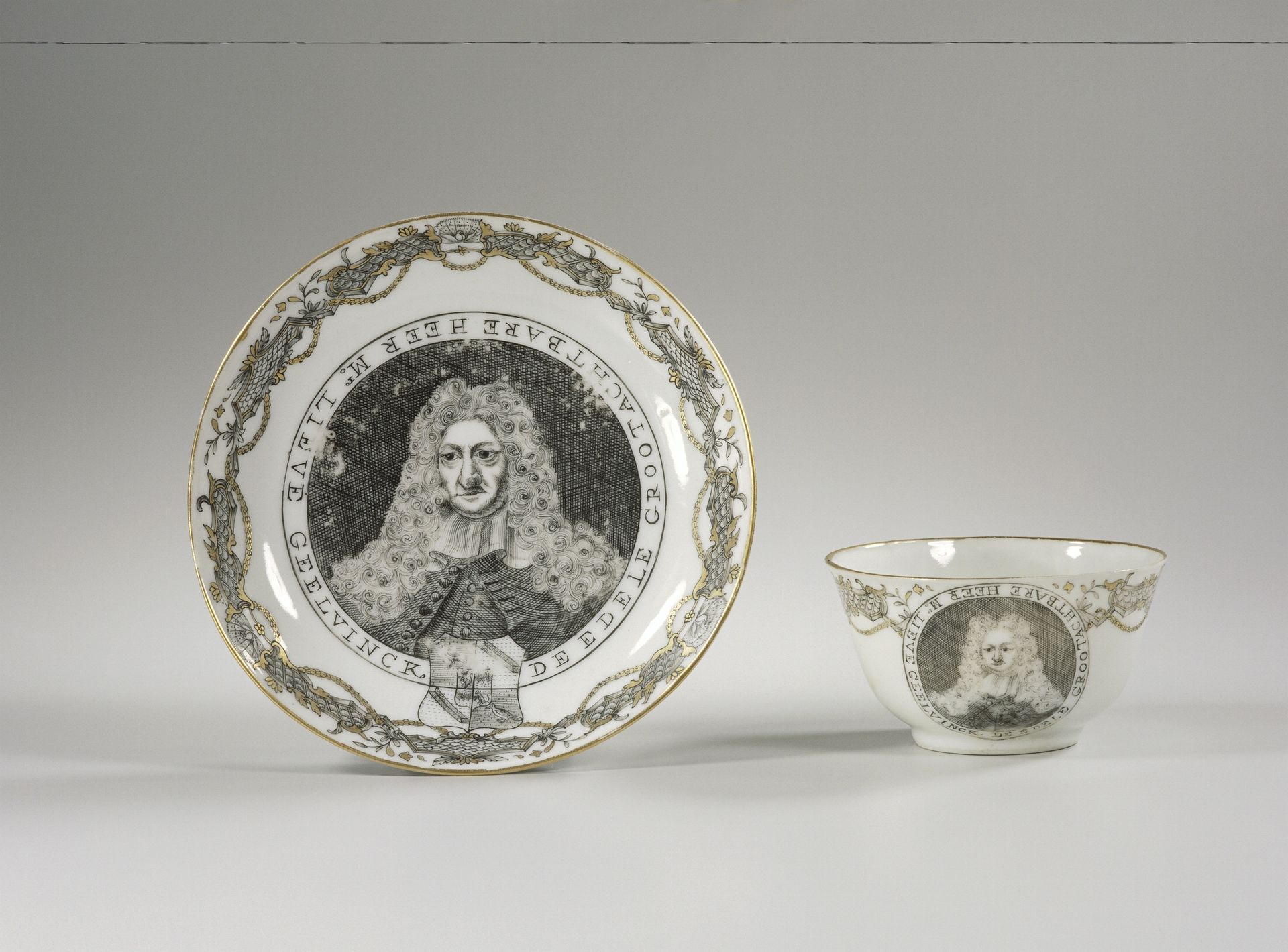 Bell-shaped cup and saucer with a portrait of Lieve Geelvinck by Anonymous