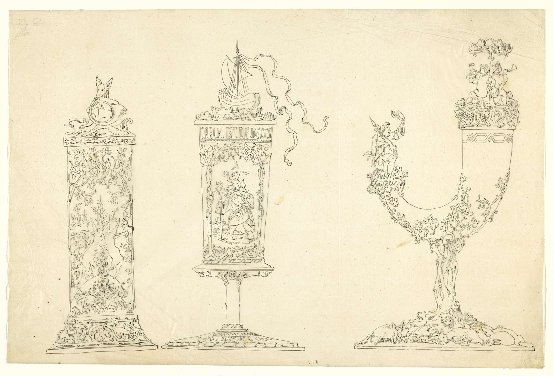 Cylindrische dekselbeker met dansende hazen, een ronde dekselbokaal met Christoforus en een schip op het deksel, en een drinkhoorn met jachtmotieven by Franz Jakob Kreuter