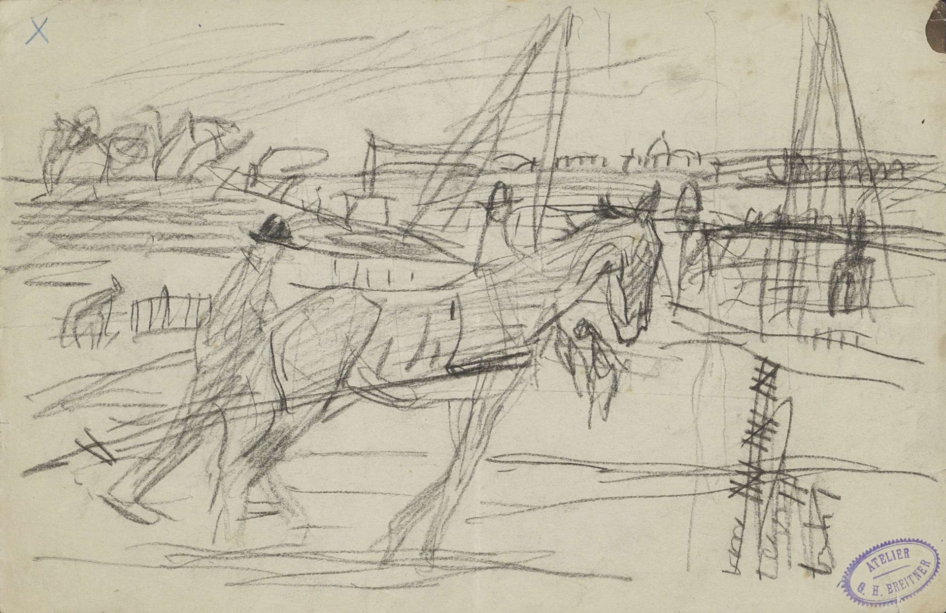 Sleperspaard en arbeiders op een bouwterrein by George Hendrik Breitner