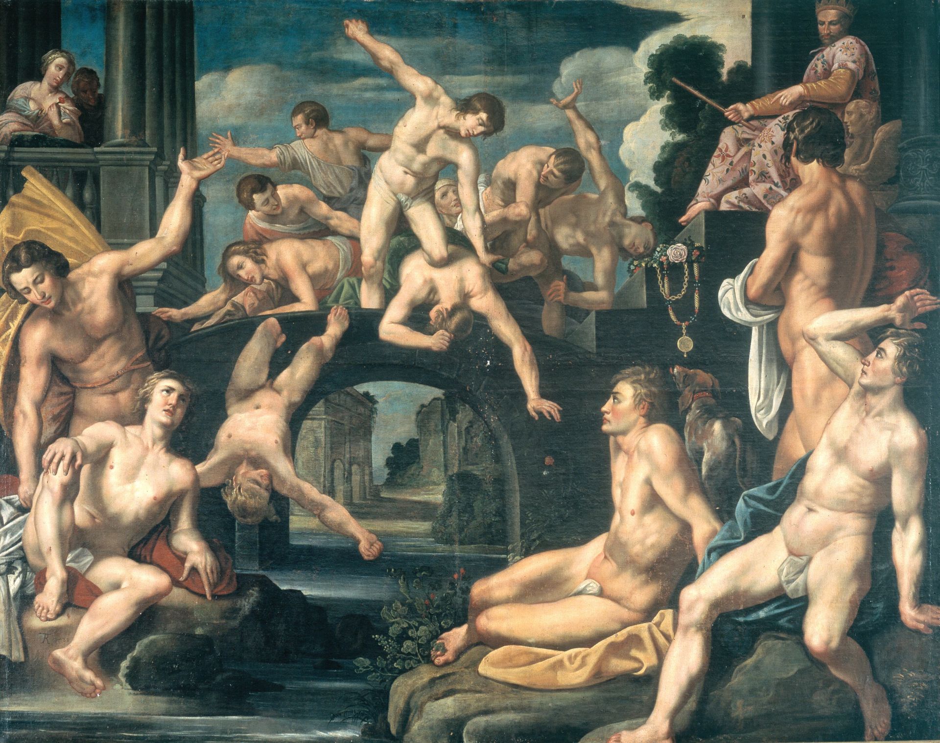 Unge mænd brydes på en bro. Allegori by Reinhold Timm