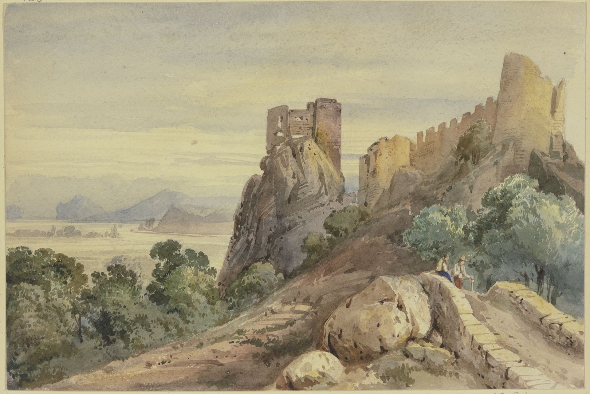 Burgruine, vorn auf einer Brücke zwei Männer by Jean-Joseph-Bonaventure Laurens