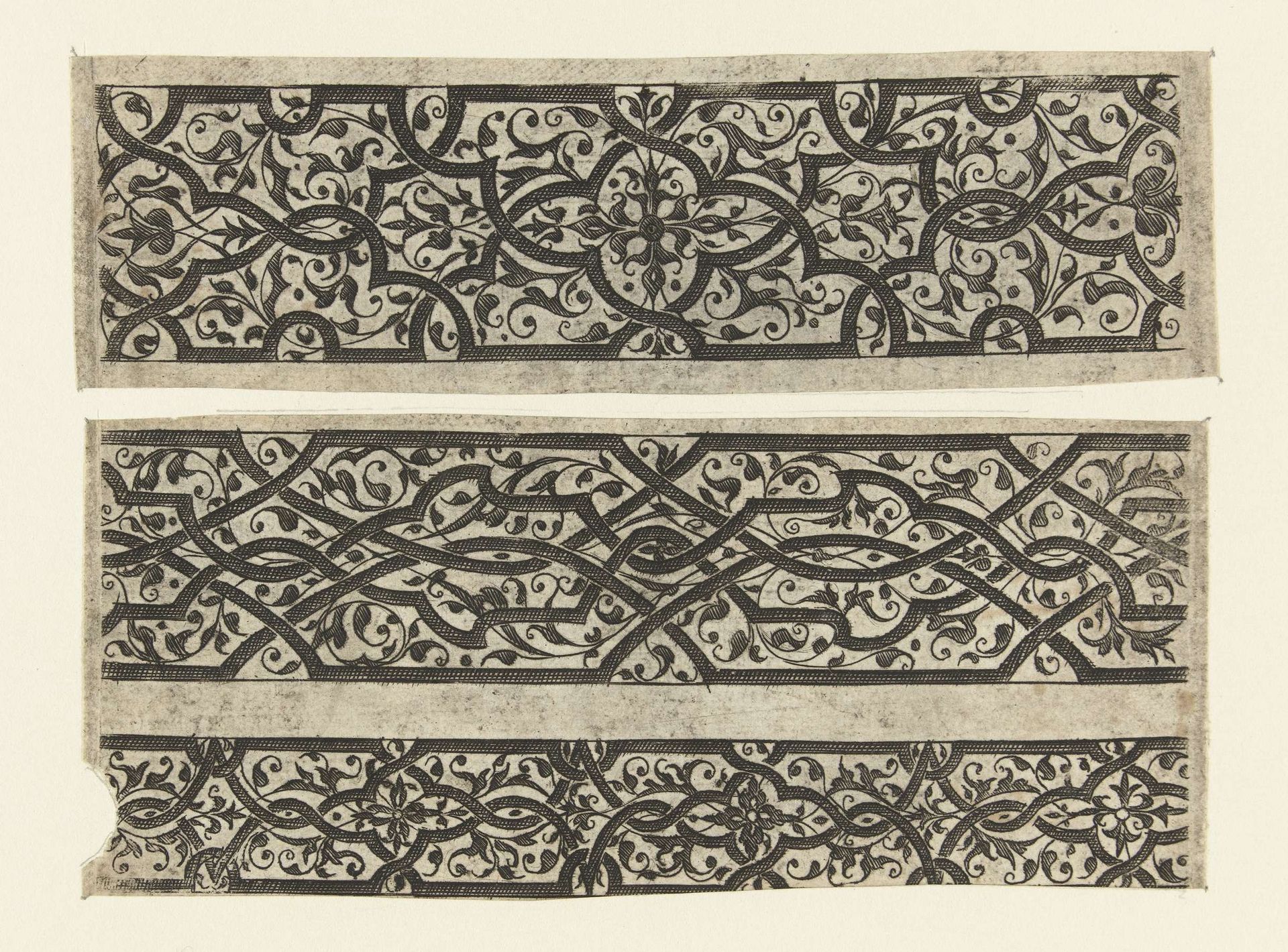 Drie friezen met zwarte moresken op een witte ondergrond by Balthazar van den Bos