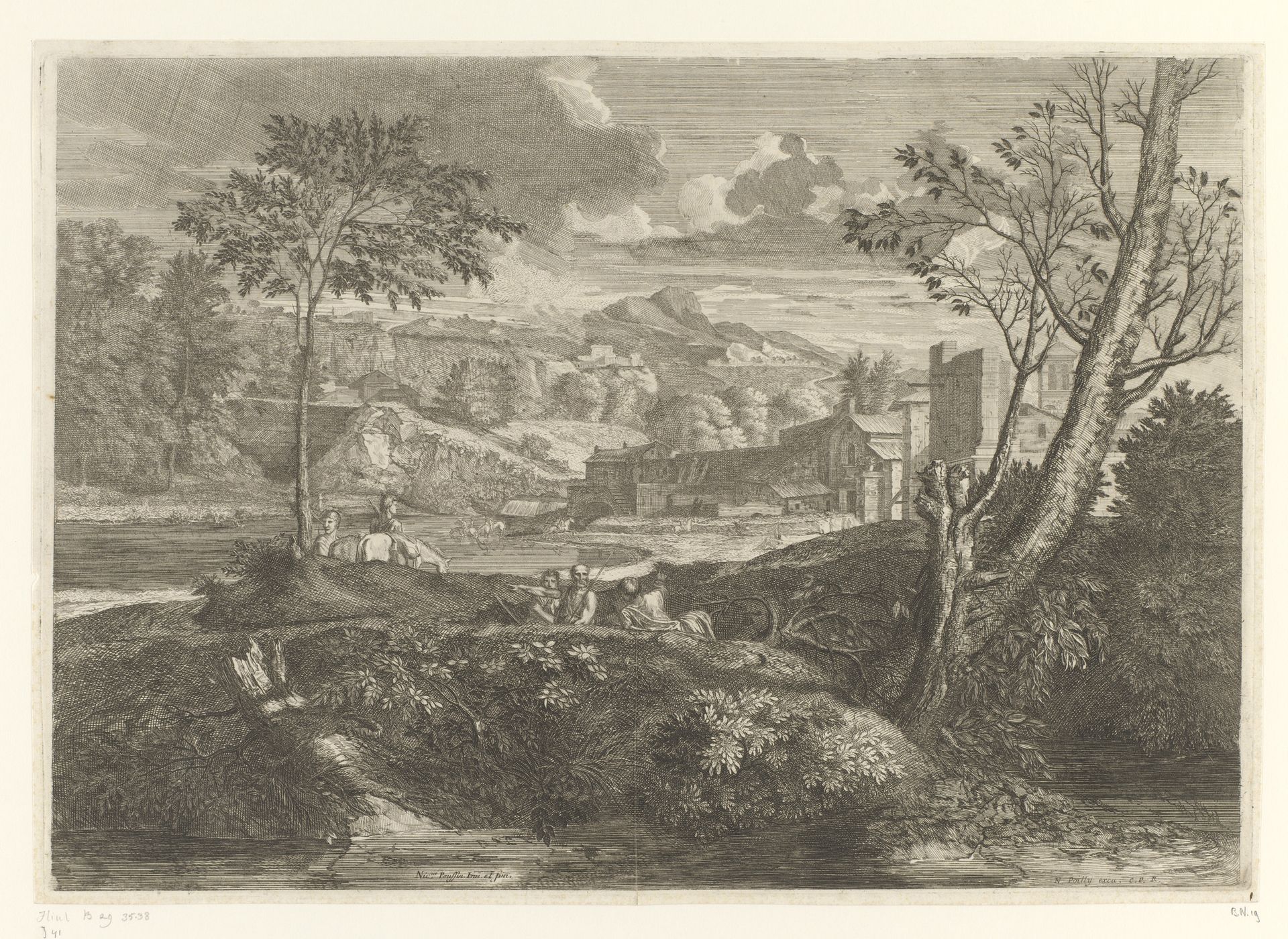 Landschap met drie rustende mannen en overige figuren te paard by Louis de Châtillon