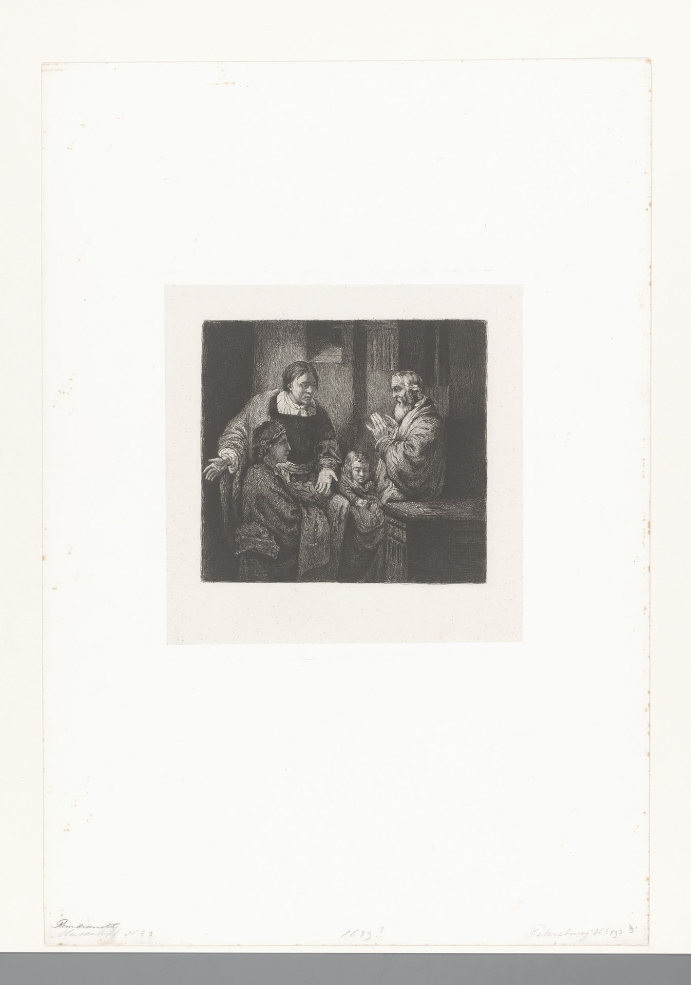 Jongeman en vrouw bieden oude man een mantel aan by Nikolay Semyonovich Mosolov