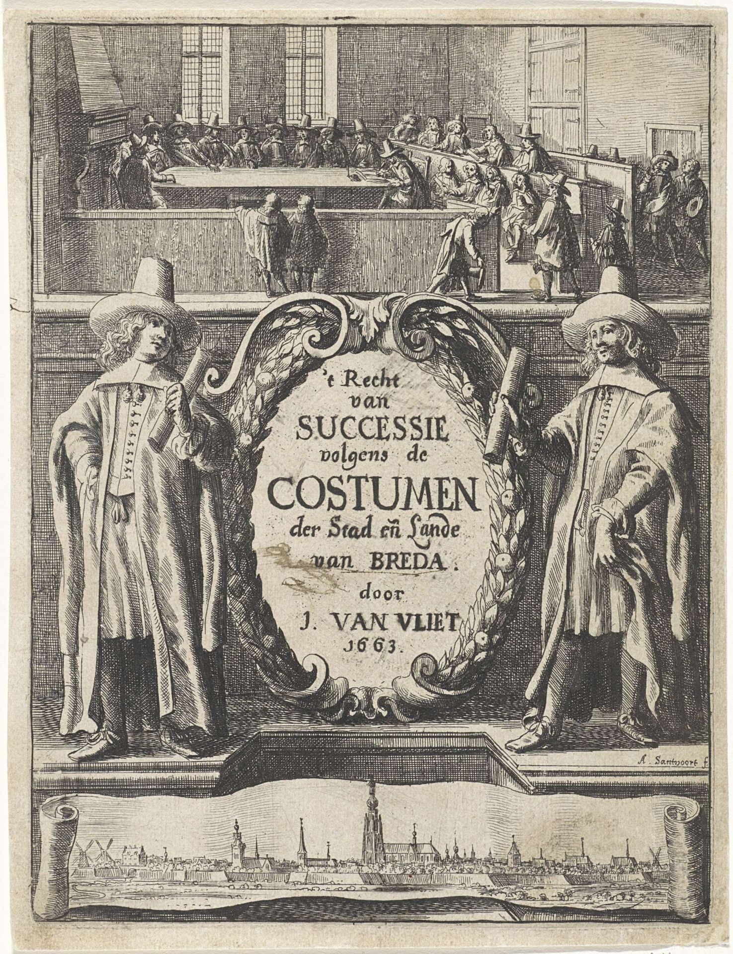 Twee rechtsgeleerden voor een rechtzaal by Abraham Dircksz. Santvoort