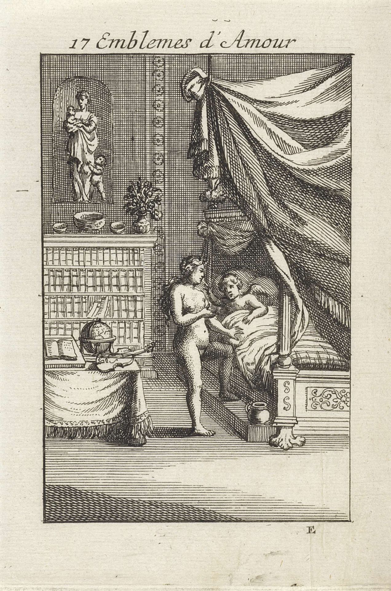 Vrouw stapt bij Amor in bed by Jan van Vianen