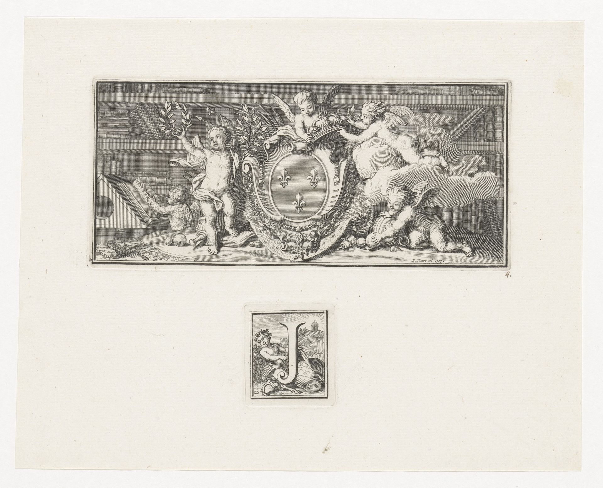 Wapenschild van koning Lodewijk XIV van Frankrijk en de letter J met op de achtergrond Pan by Anonymous