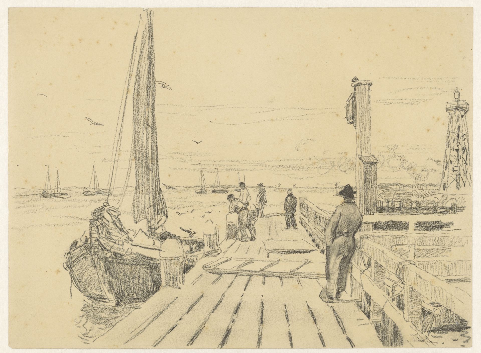 Steiger met diverse personen en een aangemeerde boot by Willem Bastiaan Tholen