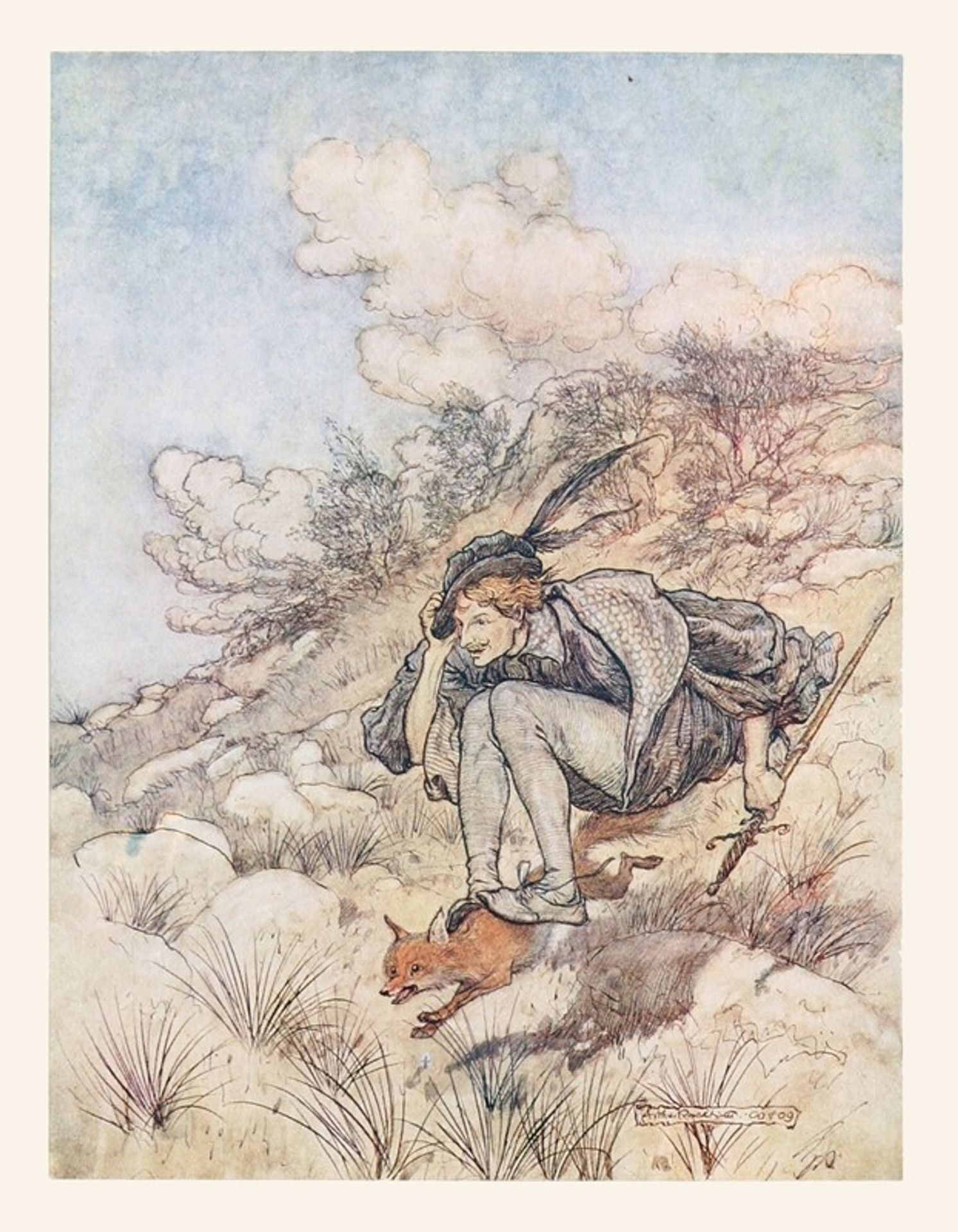 Away they flew over stock and stone, at such a pace that his hair whistled in the wind by Arthur Rackham