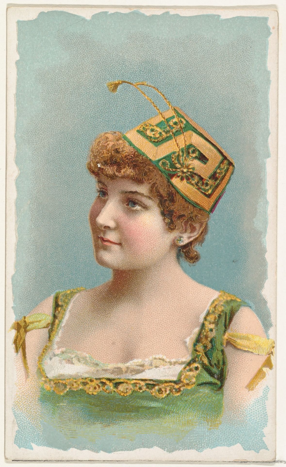 Actress wearing green and yellow fez, from Stars of the Stage, First Series (N129) issued by W. Duke, Sons & Co. to promote Honest Long Cut Tobacco by W. Duke, Sons & Co.