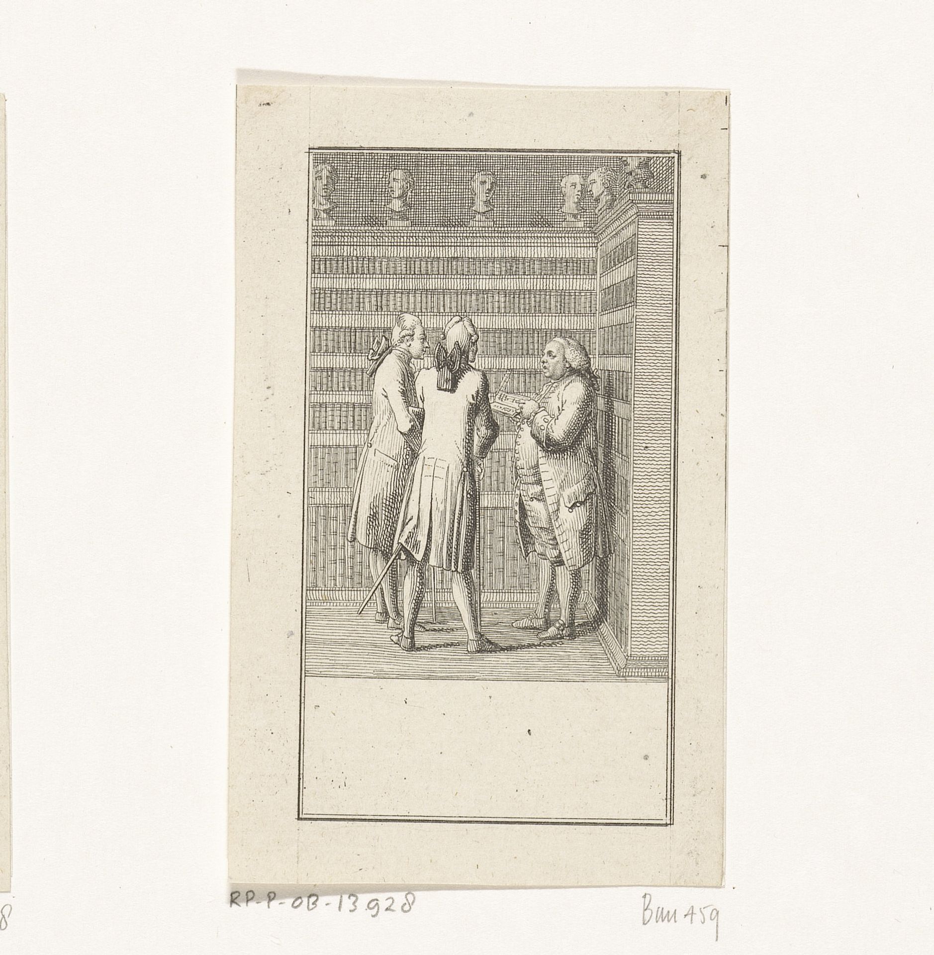 Drie mannen in een bibliotheek by Daniel Nikolaus Chodowiecki