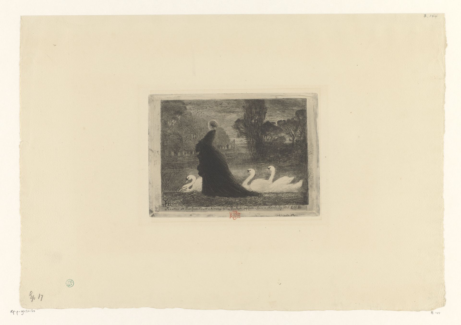 Vrouw met drie zwanen in een park by Félix Hilaire Buhot