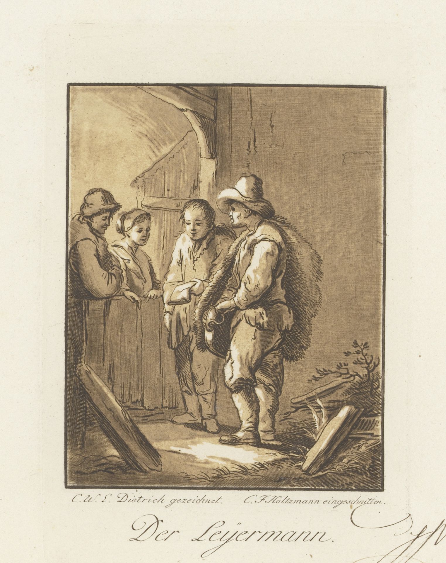 Drie personen luisteren naar man met brief by Carl Friedrich Holtzmann