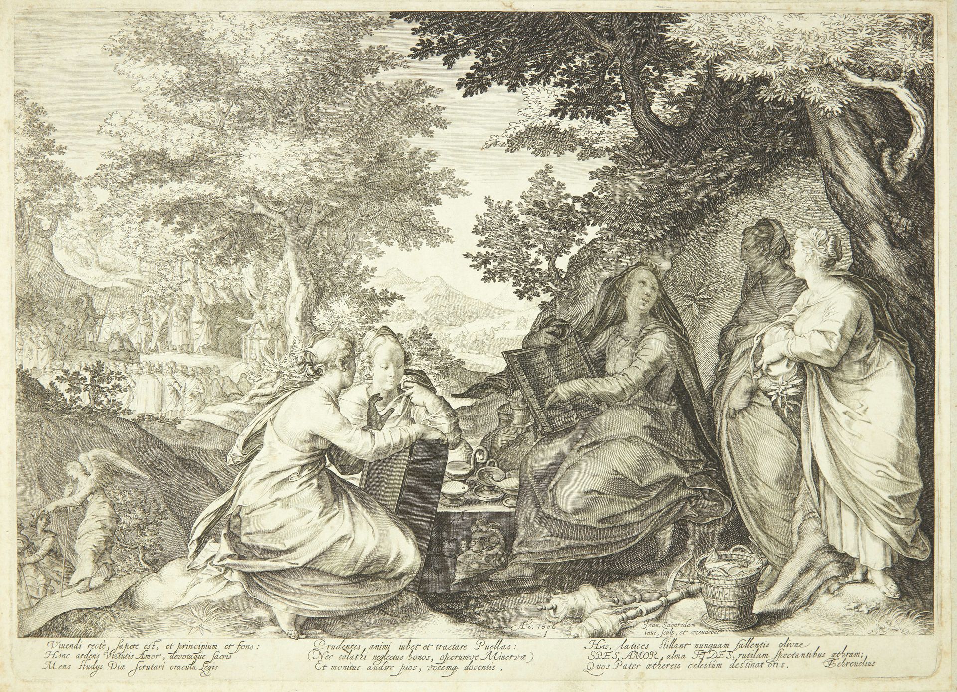 De forstandige jomfruer samlet i et landskab, i baggrunden Johannes Døberen, der prædiker by Jan Saenredam