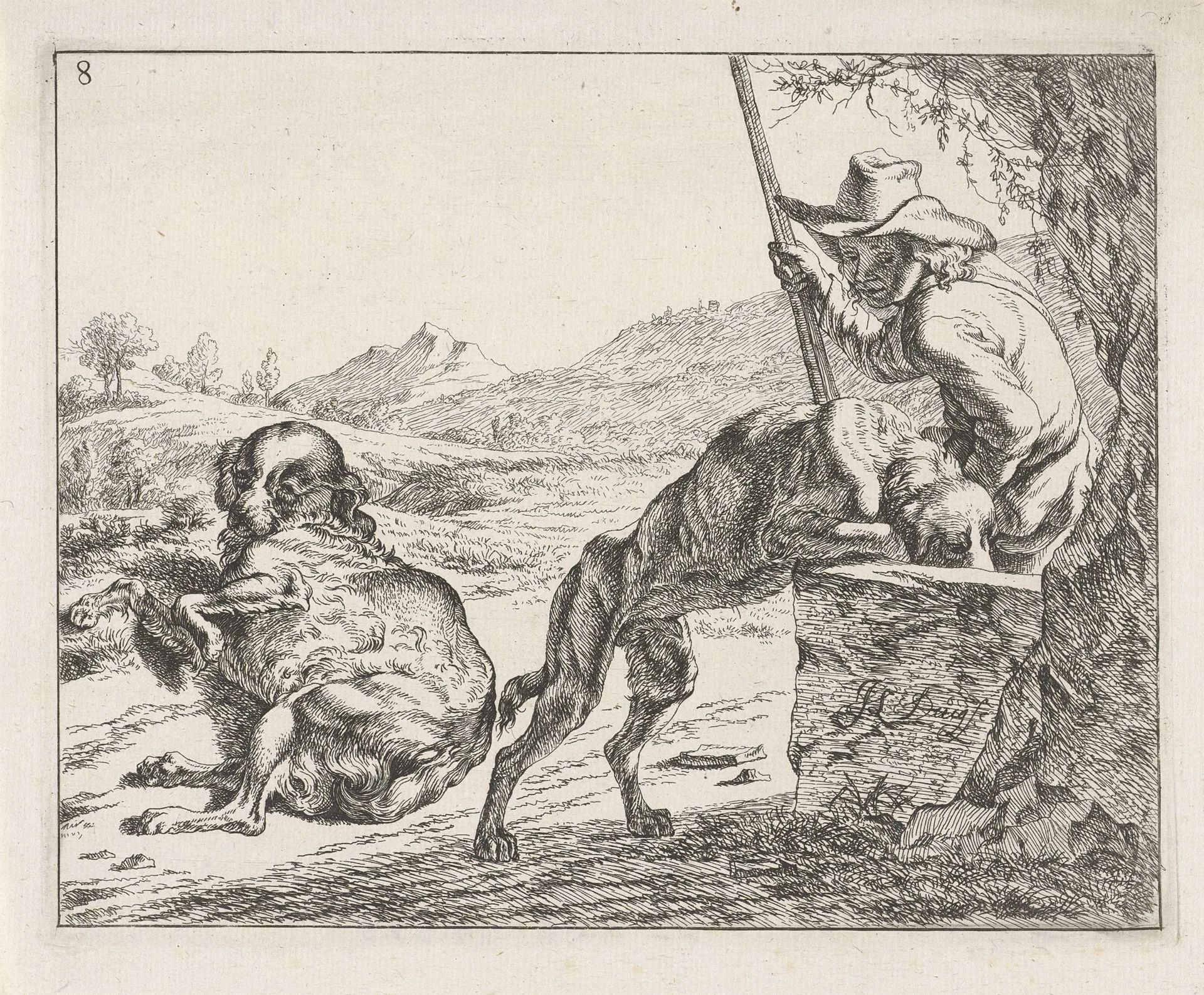Twee honden en een jager by Johan le Ducq