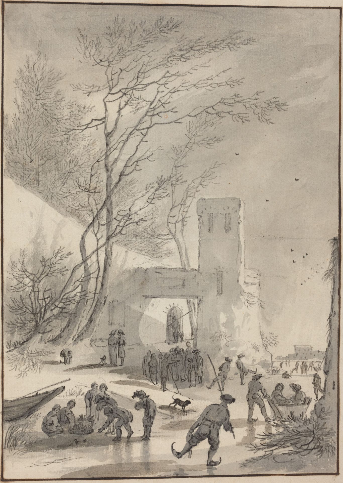 Skaters Outside a City Wall by Hendrik van der Straaten