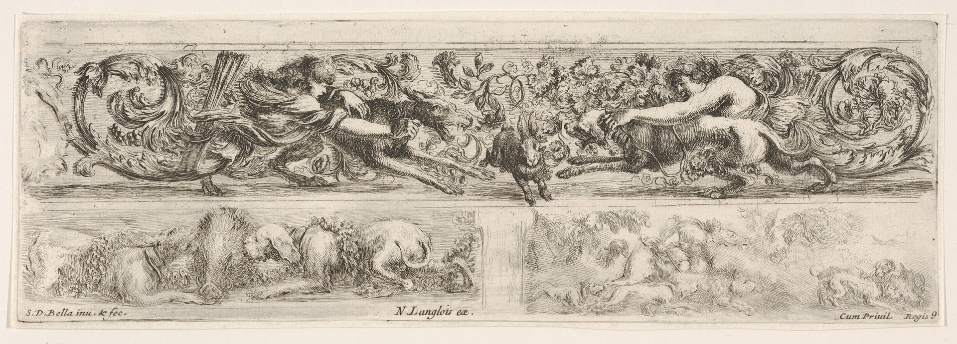Designs for Three Friezes with Hunting Themes, Plate 9 from: 'Decorative friezes and foliage' (Ornamenti di fregi e fogliami) by Stefano della Bella