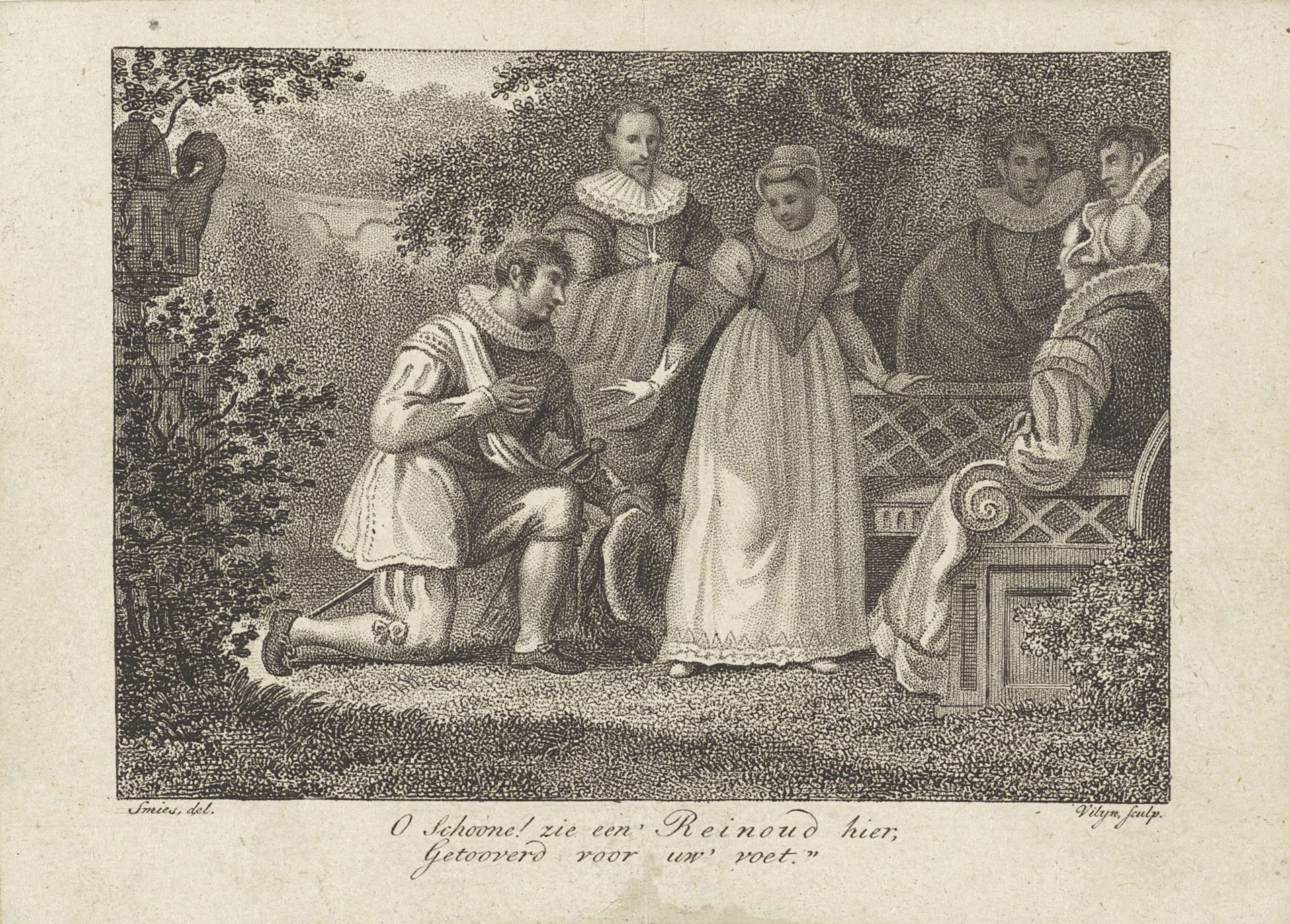 Knielende man bij een vrouw bij een tuinbank by Philippus Velijn