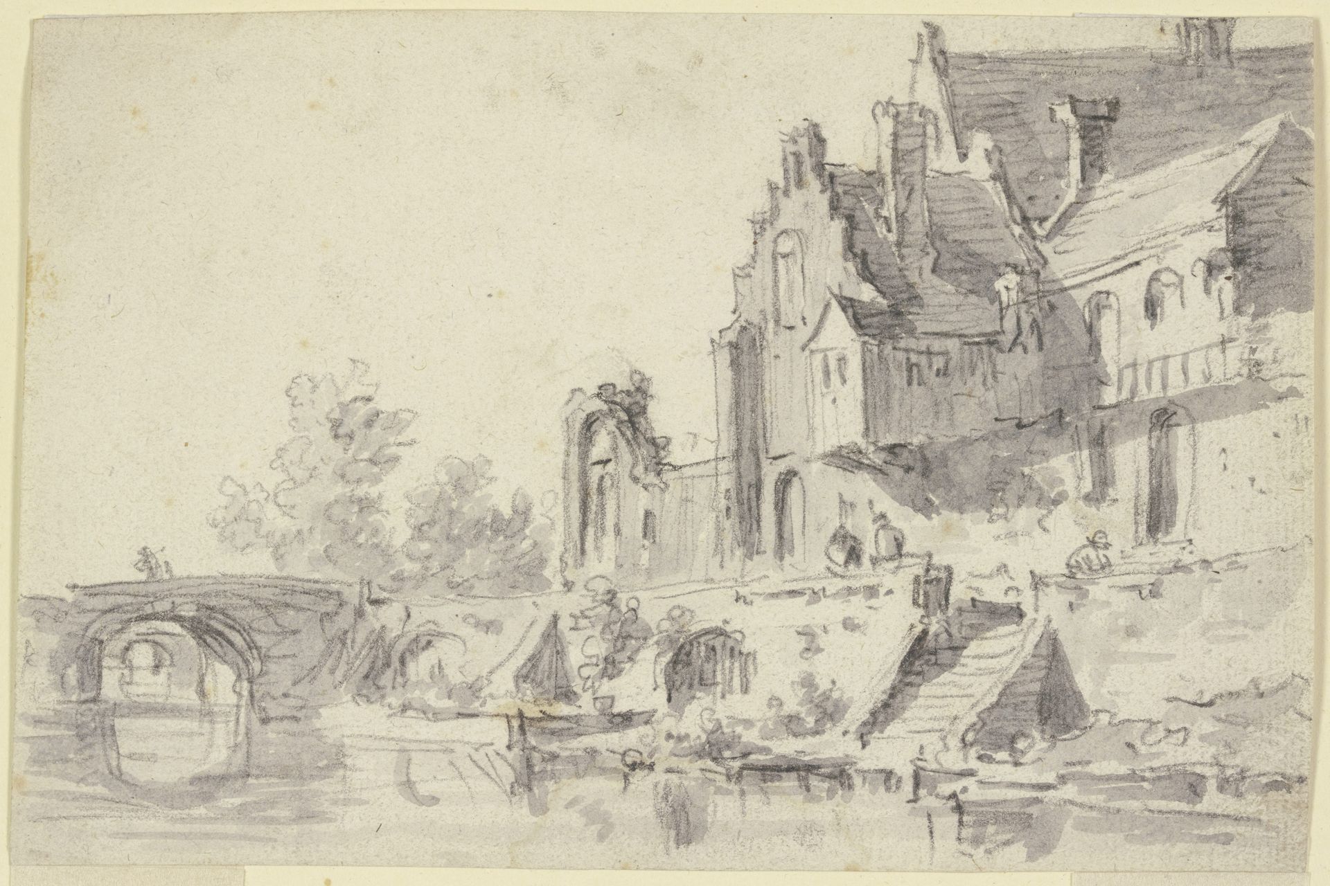 Rechts an einem Wasser alte Häuser mit einer Treppe, über das Wasser führen zwei steinerne Brücken by Jan van Goyen