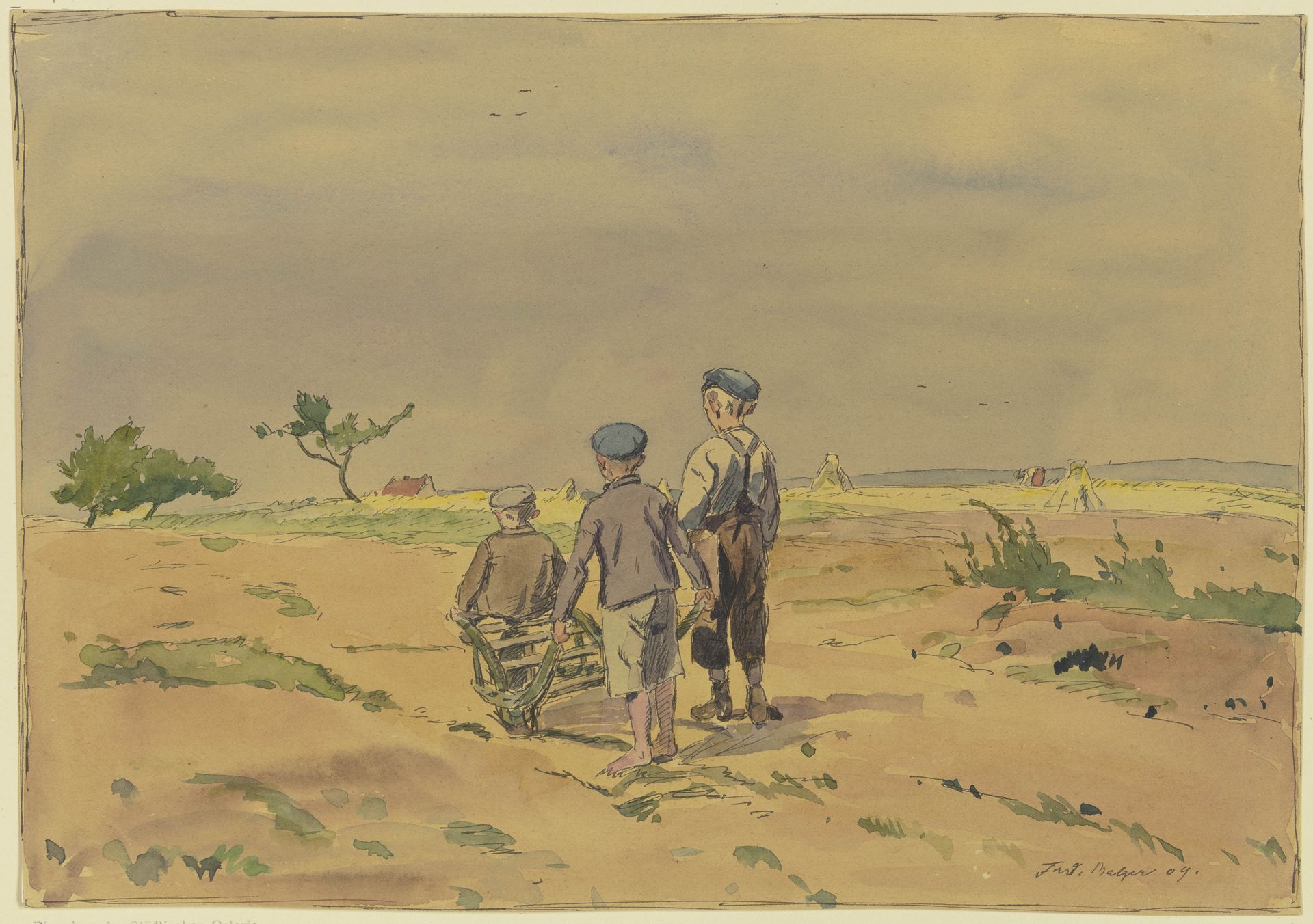 Kinder mit Schubkarren auf einem Landweg by Ferdinand Balzer